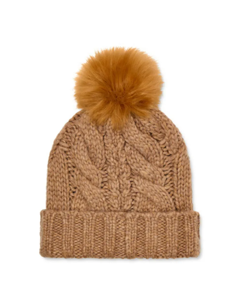 22589 Camel Cable Beanie with Pom Pom