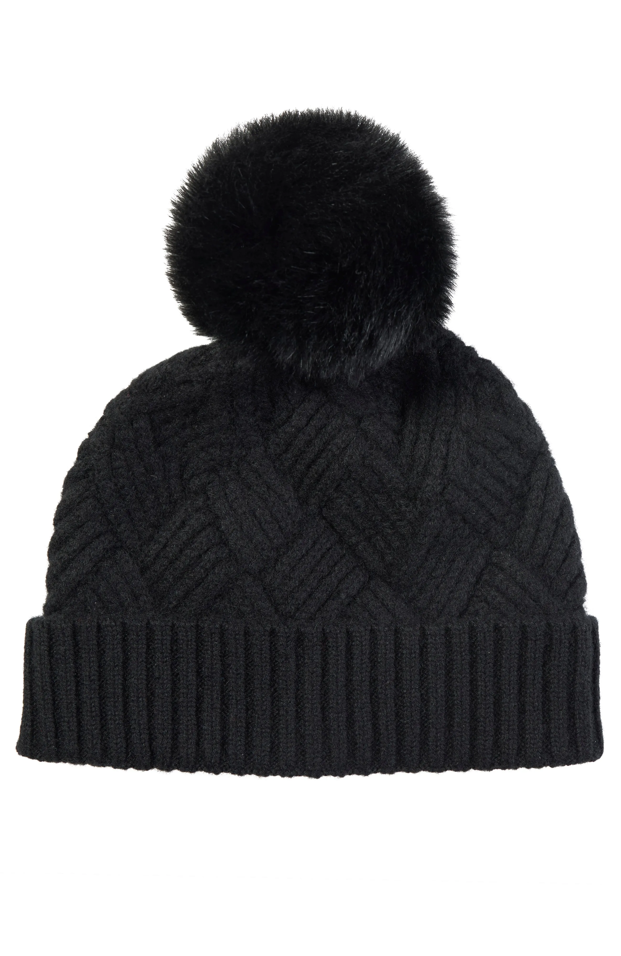 BASKETWEAVE CASHMERE HAT WITH SHEARLING POM