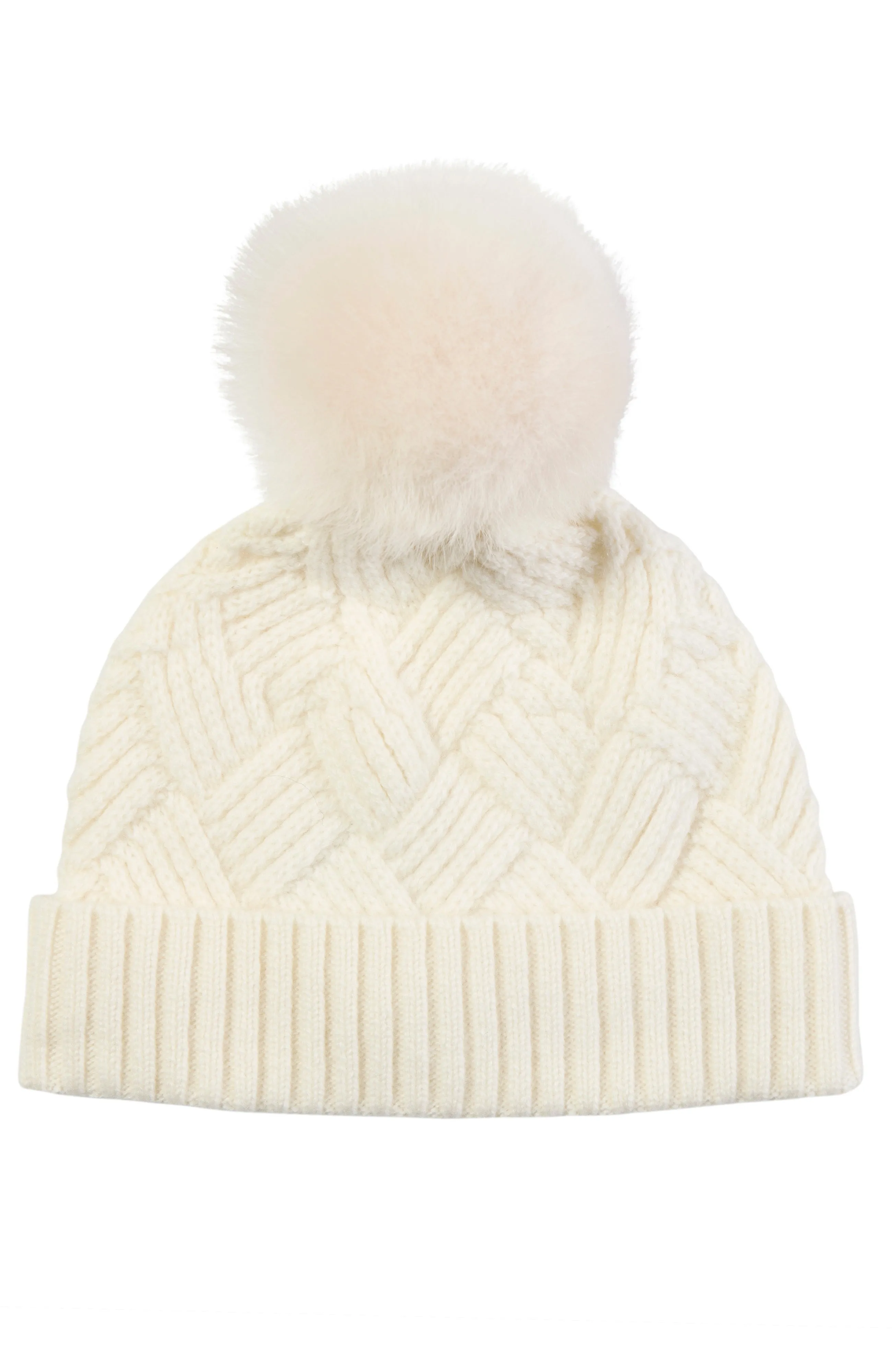 BASKETWEAVE CASHMERE HAT WITH SHEARLING POM