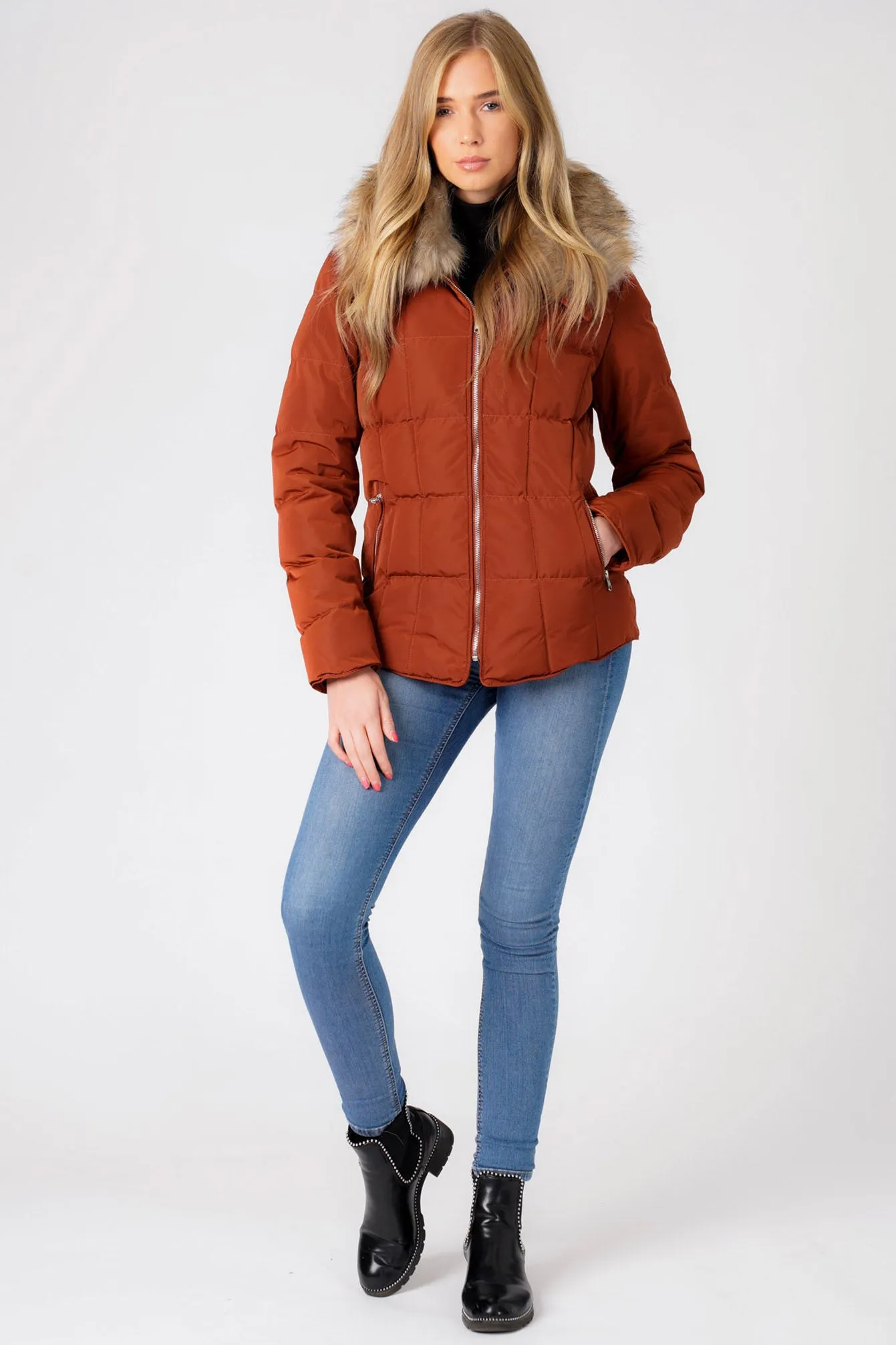 Bertie Funnel Neck Quilted Puffer Jacket With Detachable Fur Trim In Smoked Paprika - Tokyo Laundry