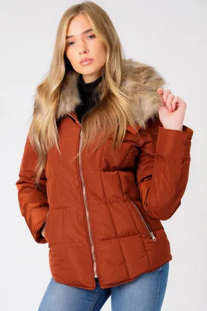 Bertie Funnel Neck Quilted Puffer Jacket With Detachable Fur Trim In Smoked Paprika - Tokyo Laundry