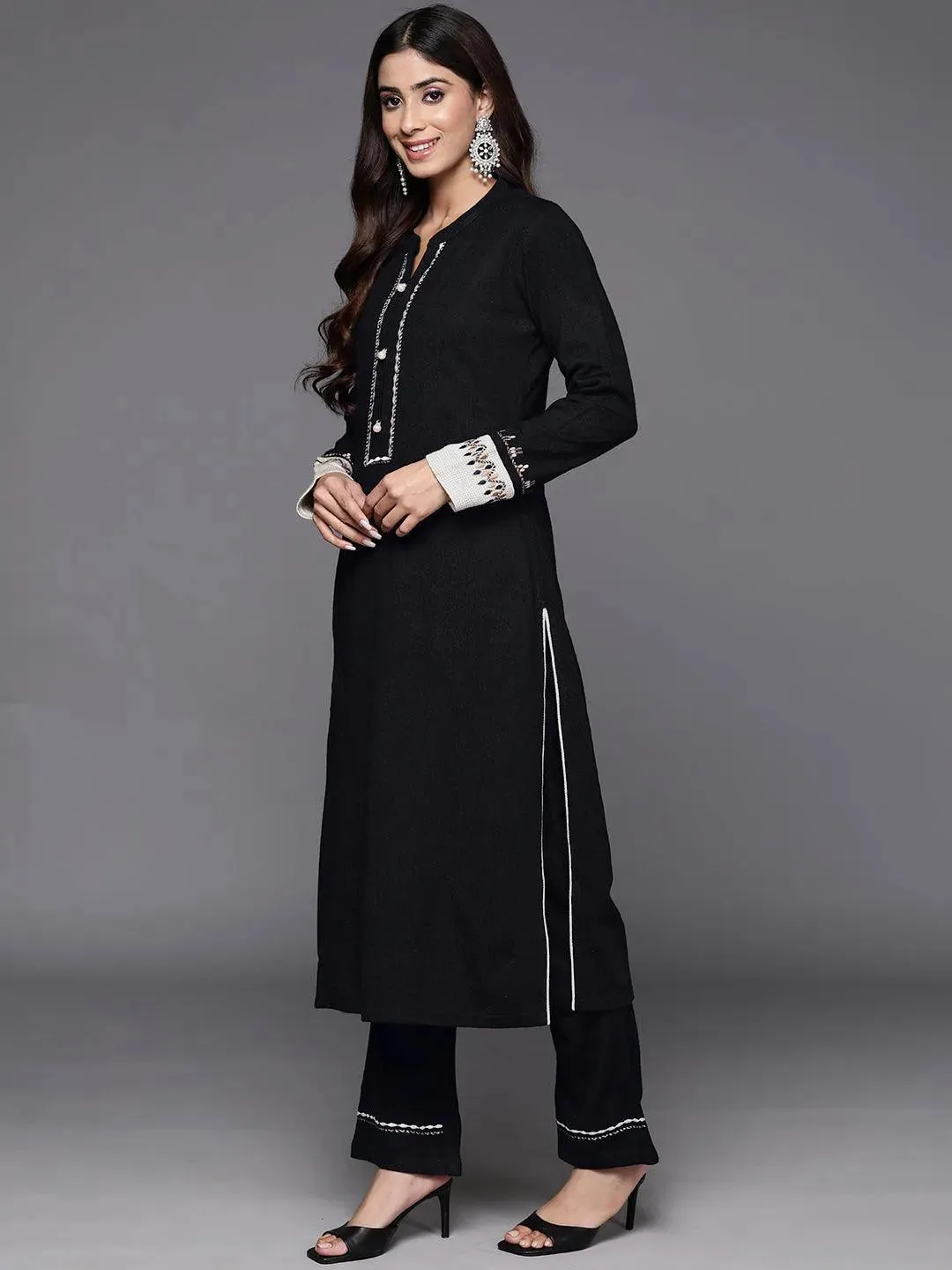 Black Yoke Design Wool Blend Straight Suit With Dupatta