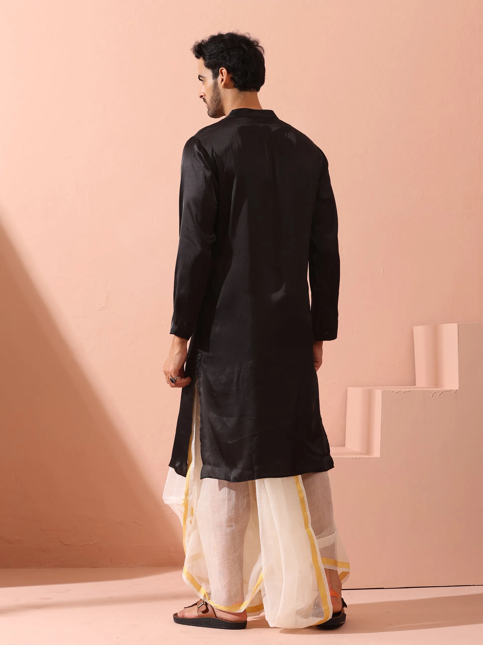 Boss Black Satin Kurta with Gold Buttons