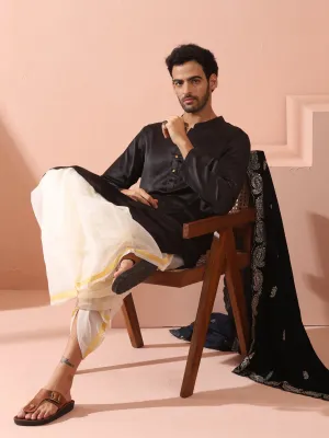 Boss Black Satin Kurta with Gold Buttons