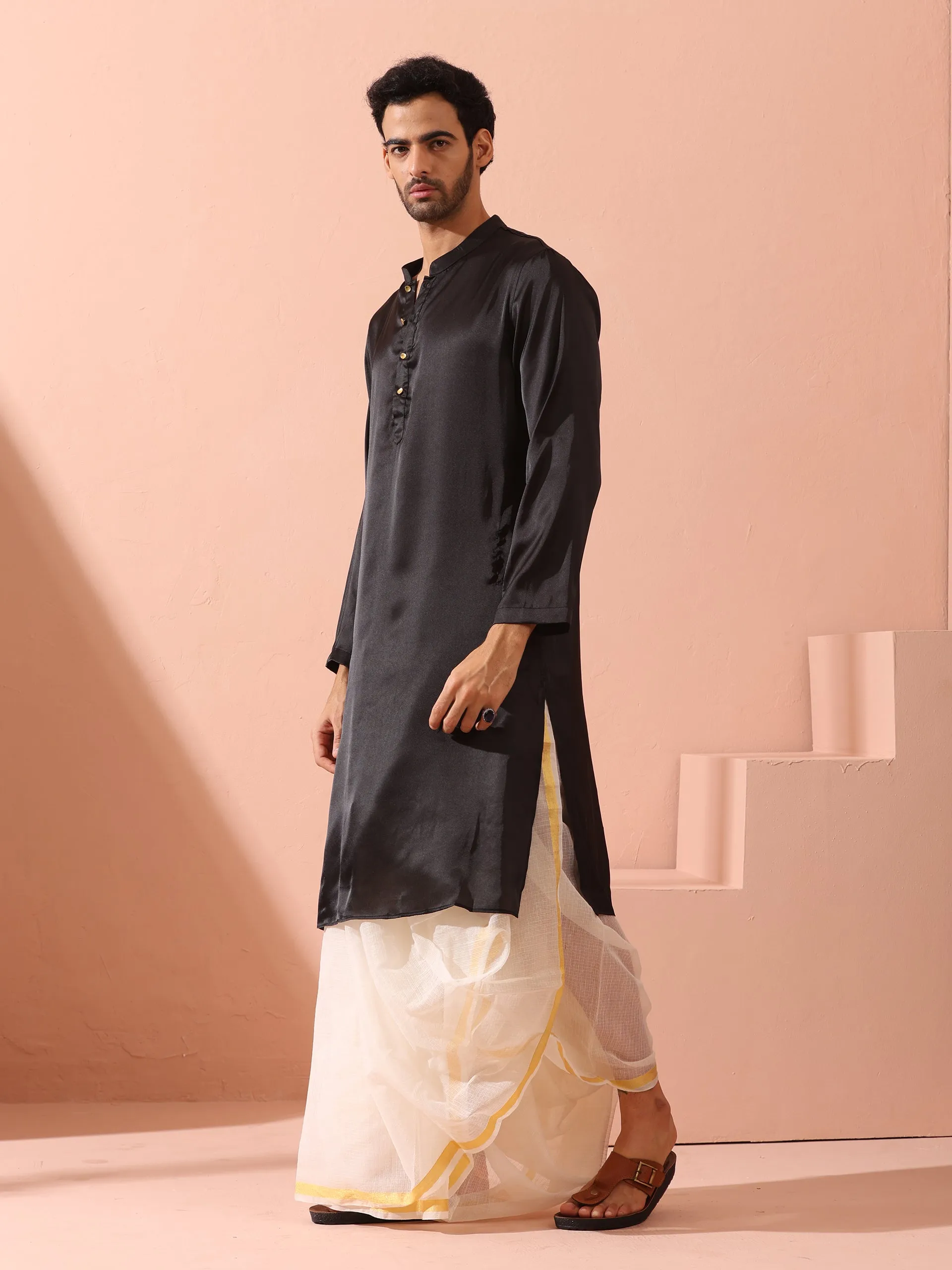 Boss Black Satin Kurta with Gold Buttons