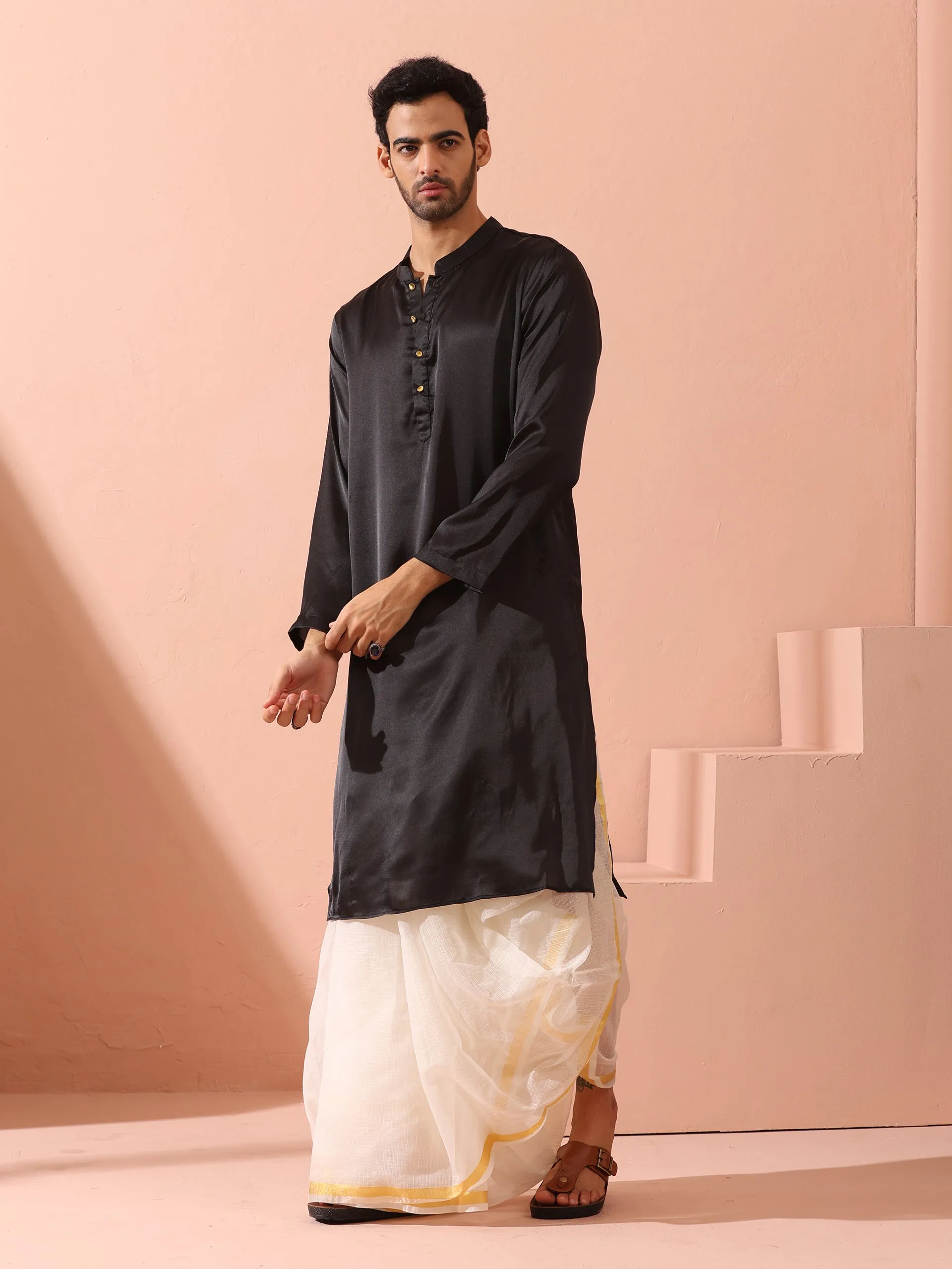 Boss Black Satin Kurta with Gold Buttons