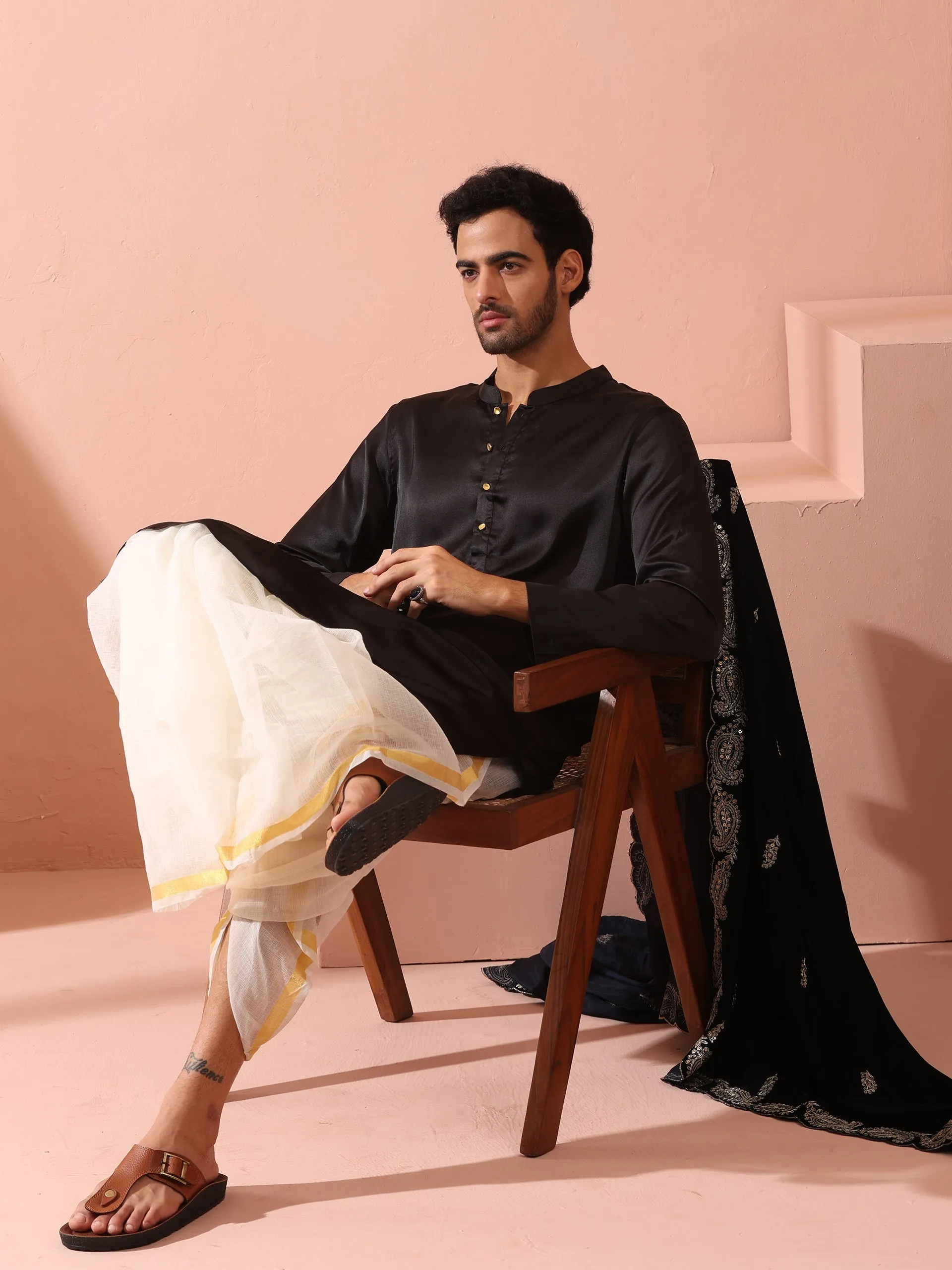 Boss Black Satin Kurta with Gold Buttons