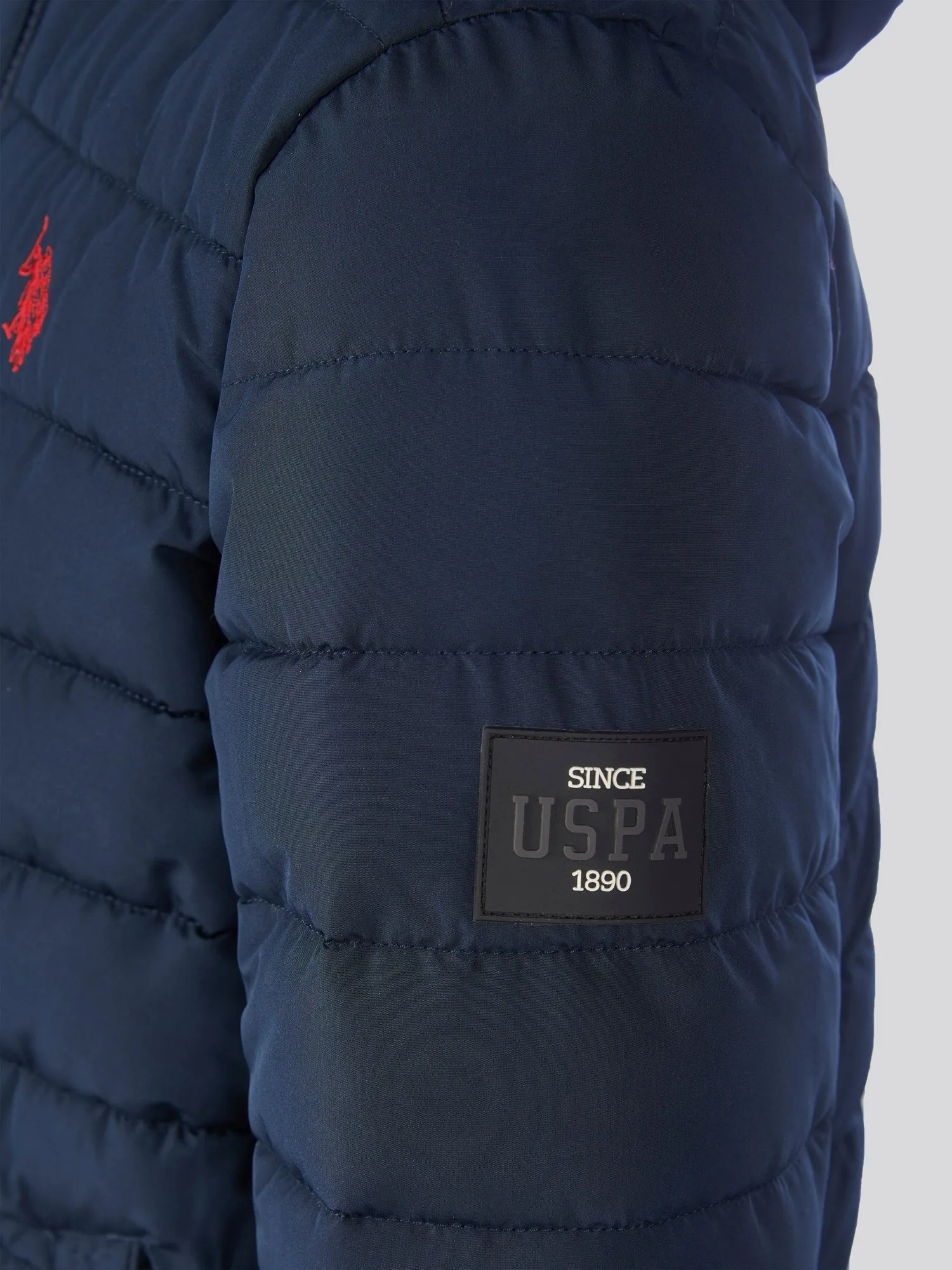 Boys Lightweight Quilt Hooded Puffer Jacket in Dark Sapphire Navy / Haute Red DHM