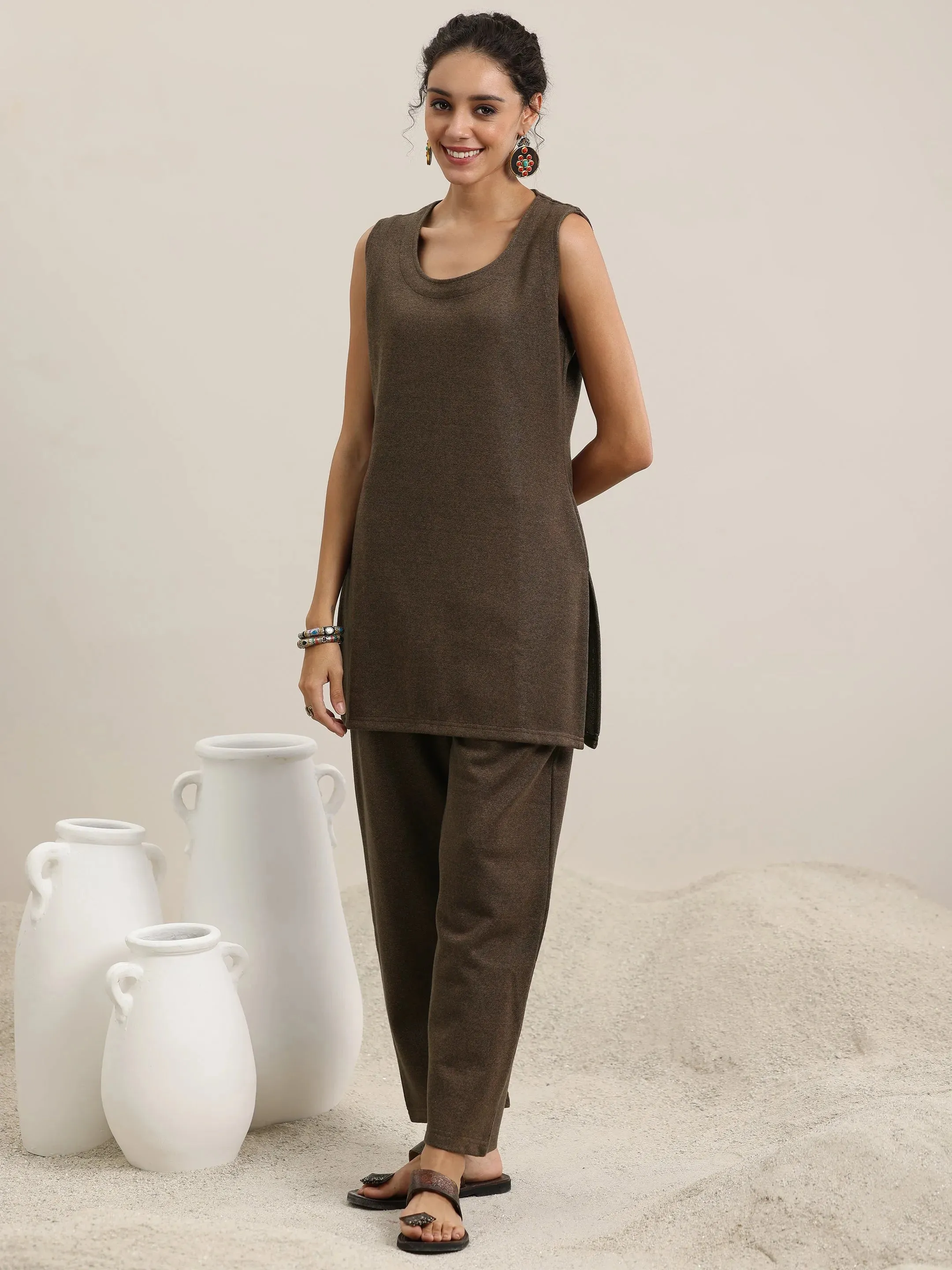 Brown Solid Wool Blend Straight Kurta With Palazzos