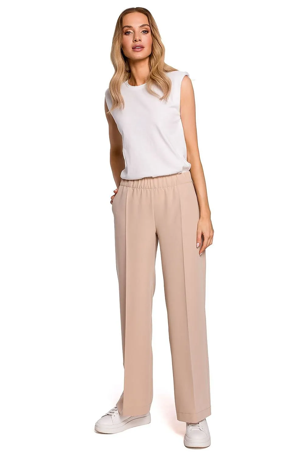 Chic Pleated Wide-Leg Trousers with Comfortable Stretch Waistband