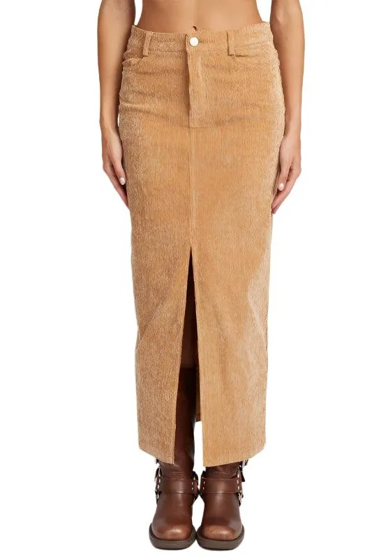 Corduroy Mid Skirt With Front Slit