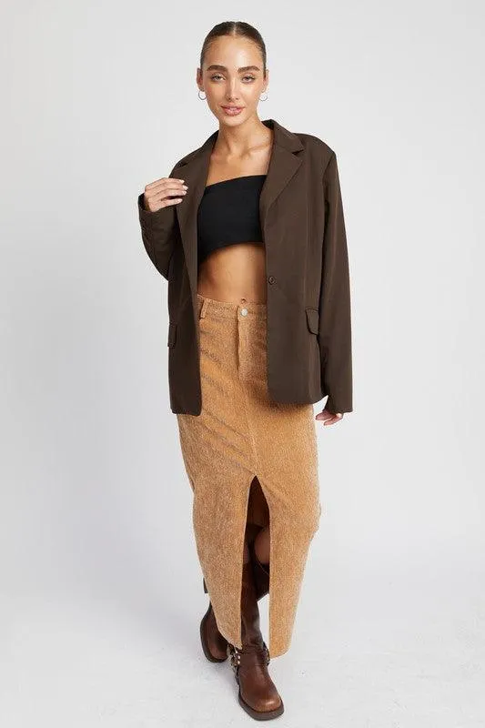 Corduroy Mid Skirt With Front Slit