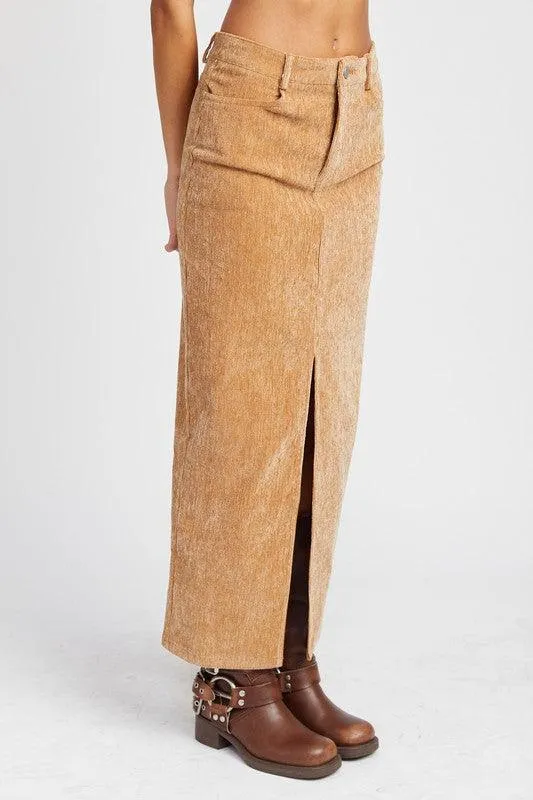 Corduroy Mid Skirt With Front Slit