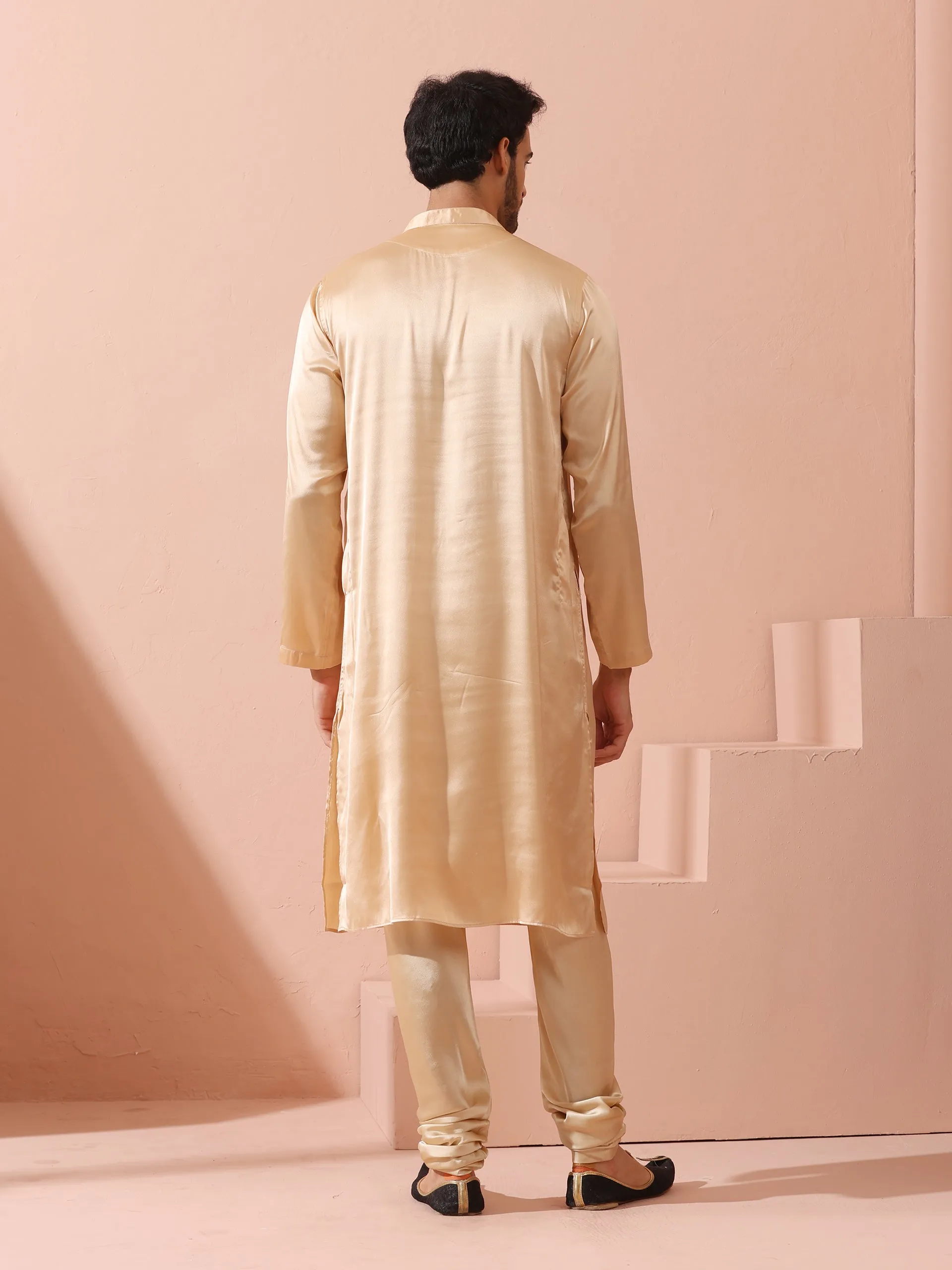 Fawn Satin Kurta with Gold Buttons