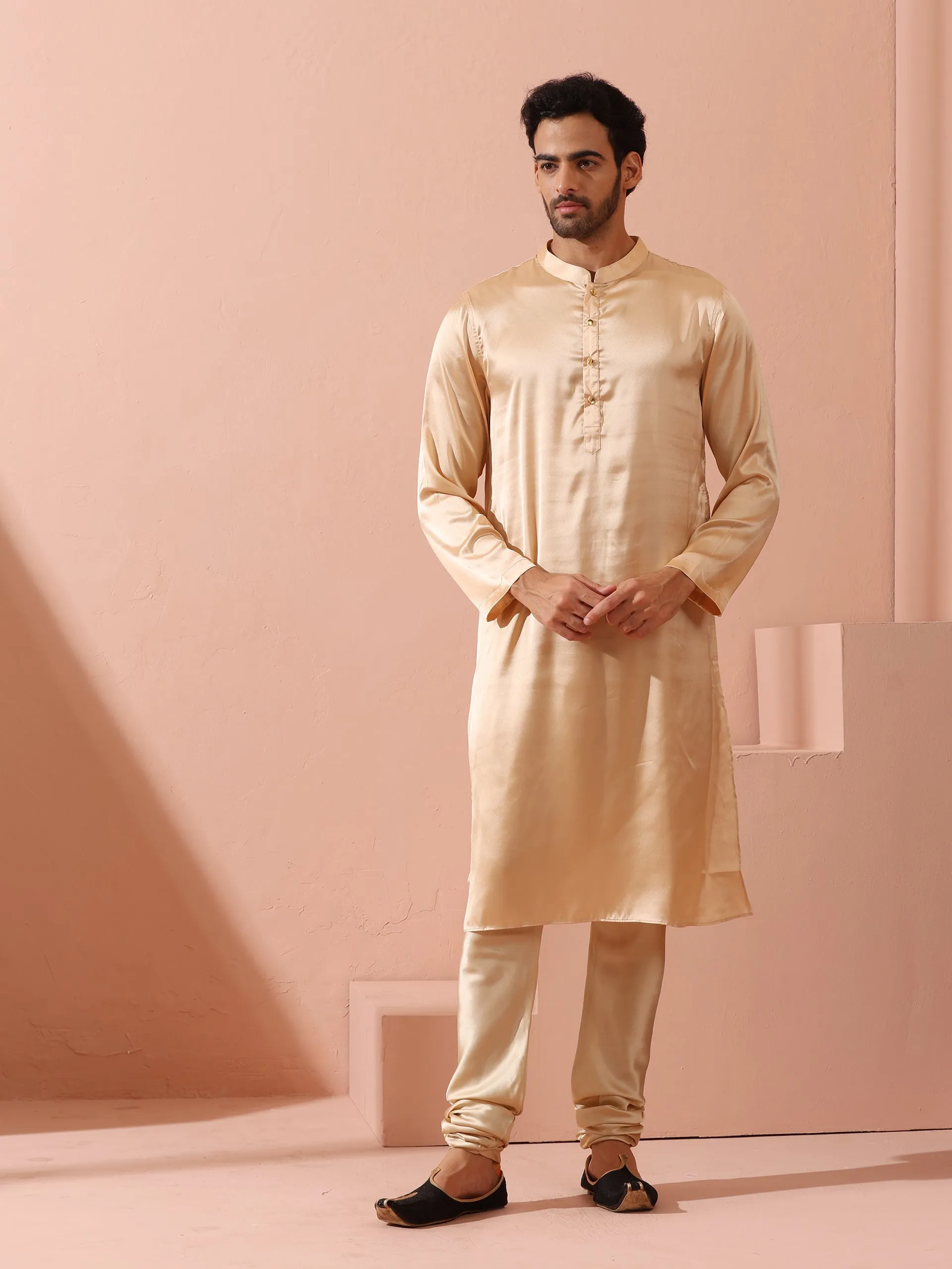 Fawn Satin Kurta with Gold Buttons