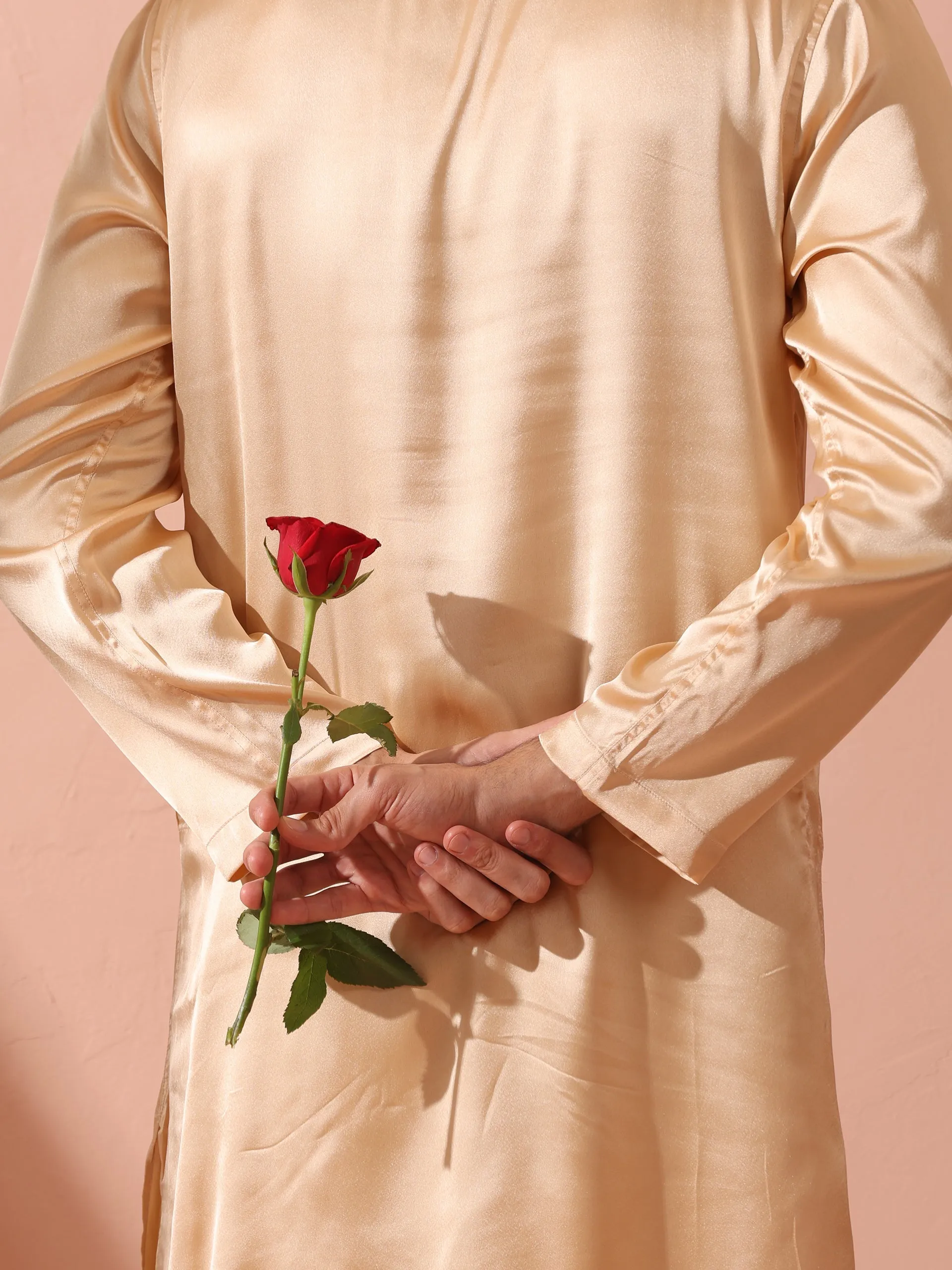 Fawn Satin Kurta with Gold Buttons