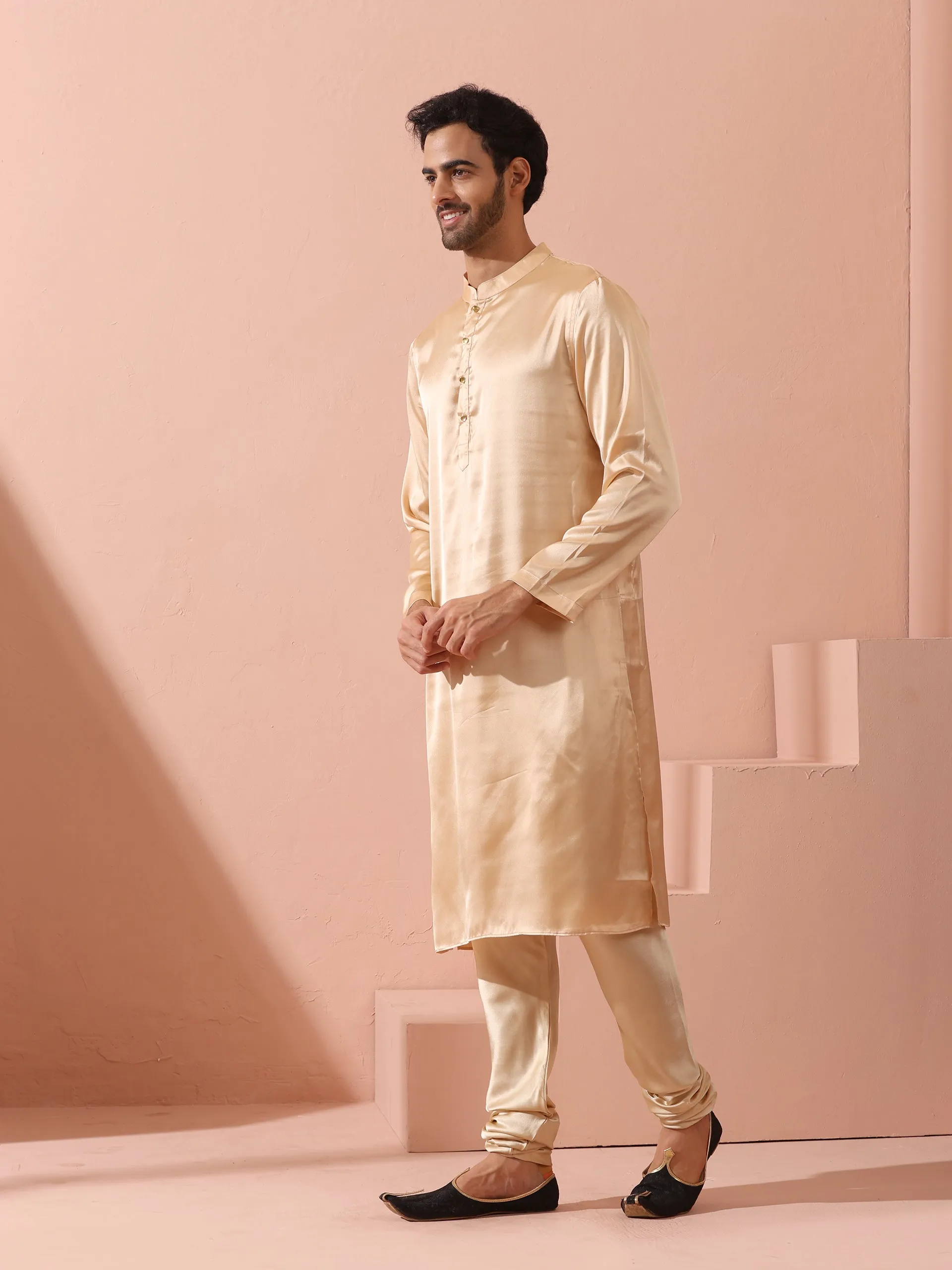 Fawn Satin Kurta with Gold Buttons