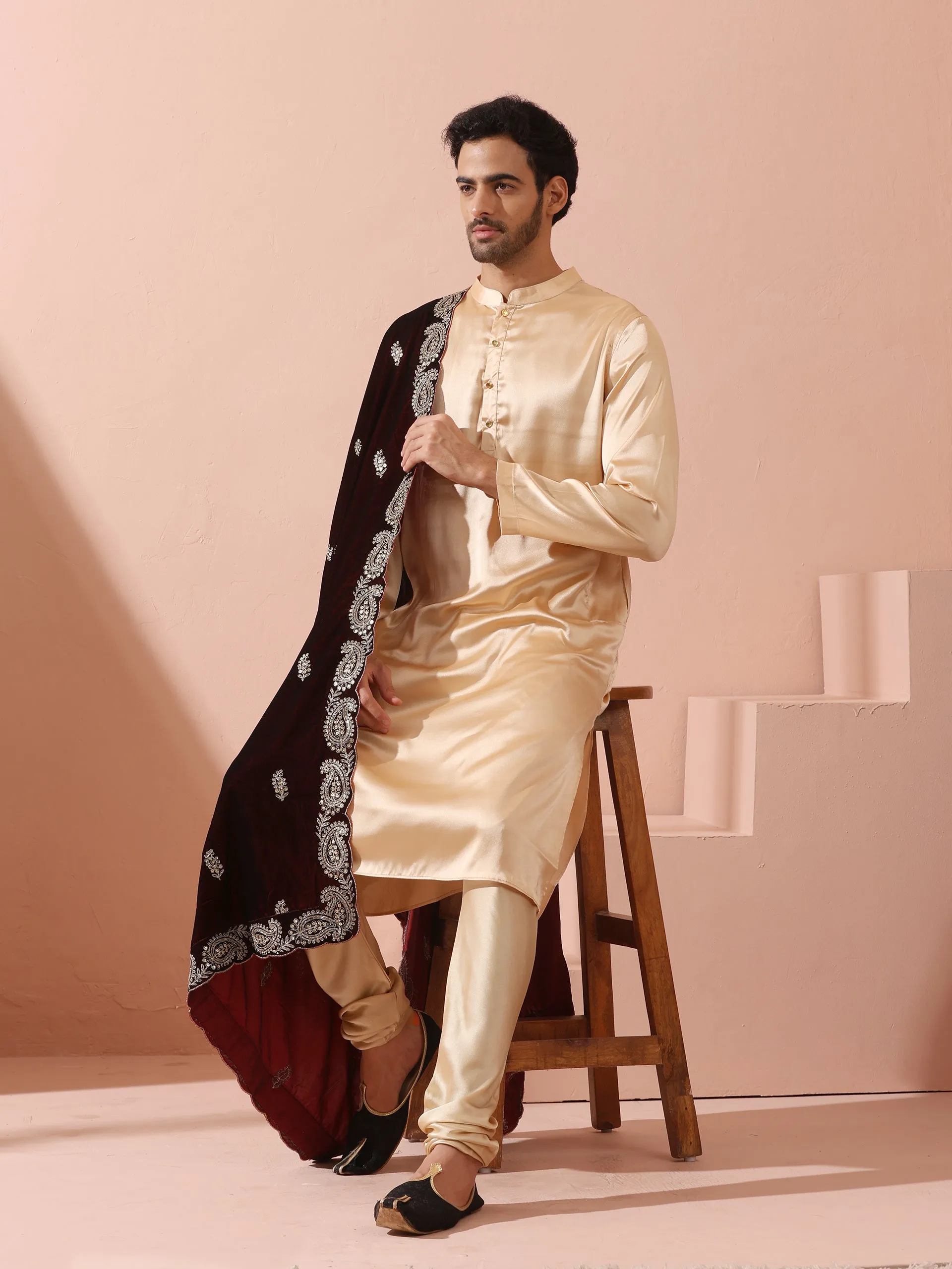 Fawn Satin Kurta with Gold Buttons