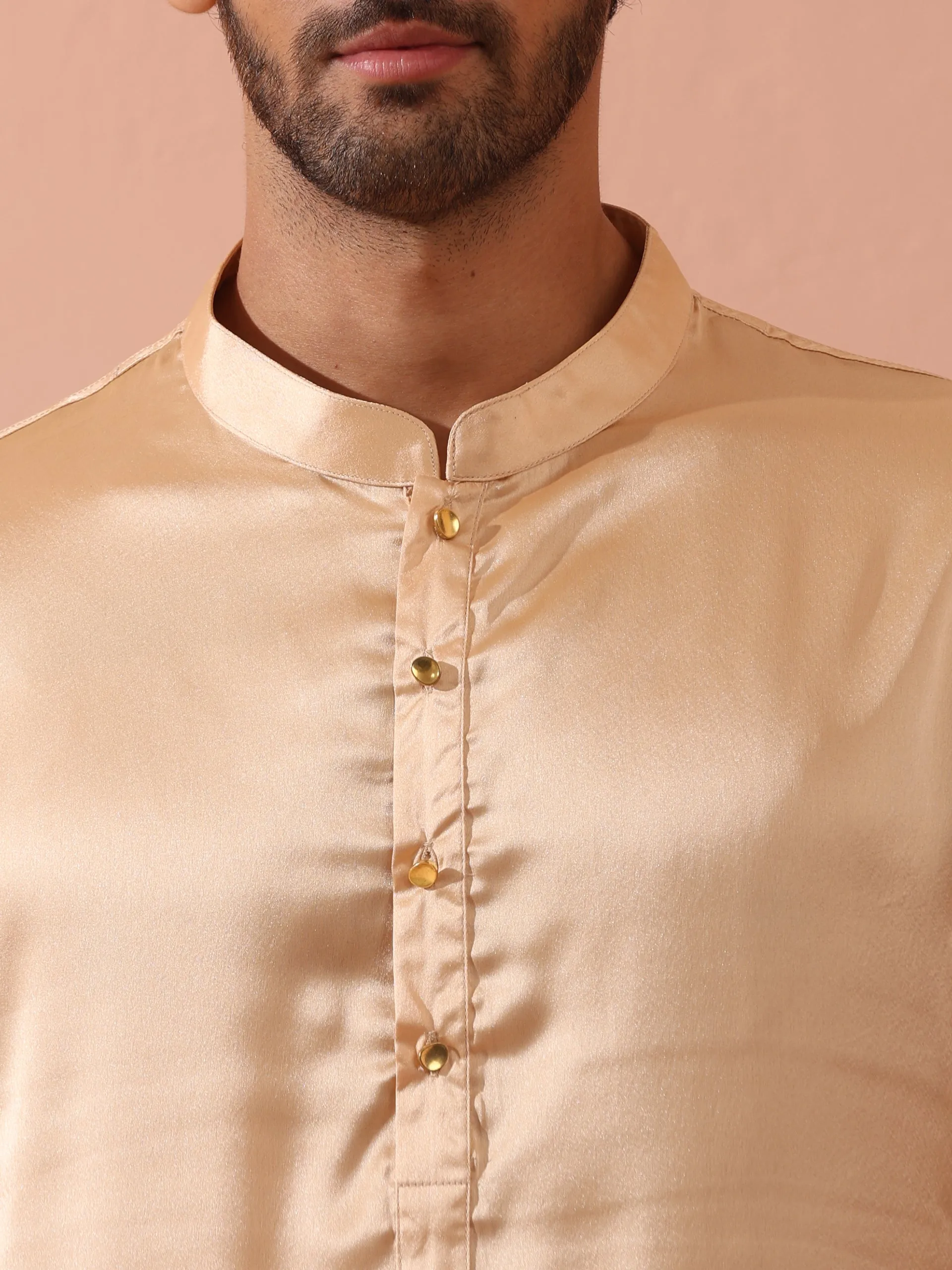 Fawn Satin Kurta with Gold Buttons