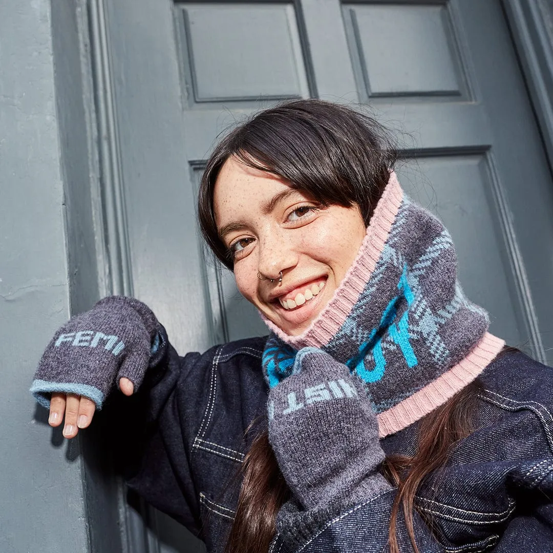 Feminist Fingerless Mittens in Graphite & Petrel