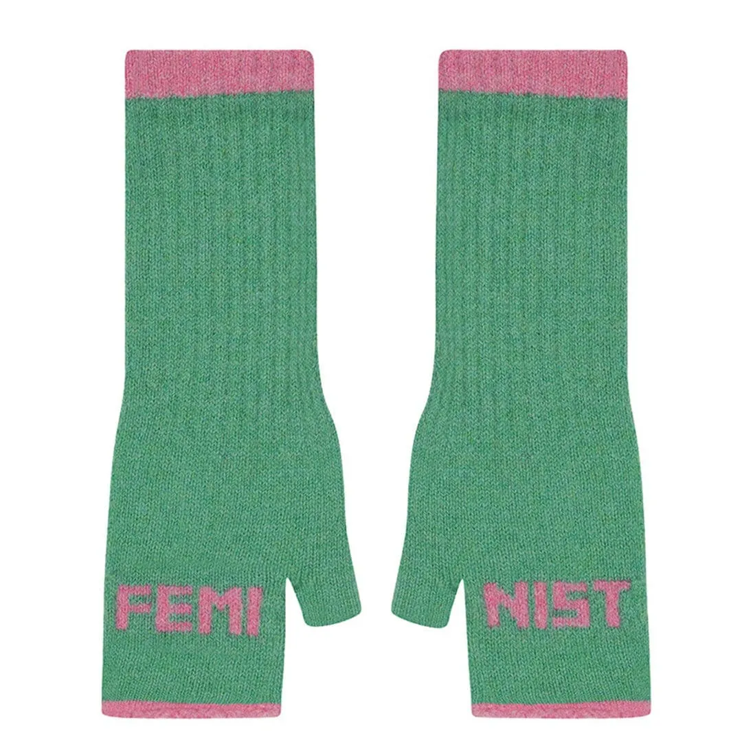 Feminist Fingerless Mittens in Peppermint & French Rose