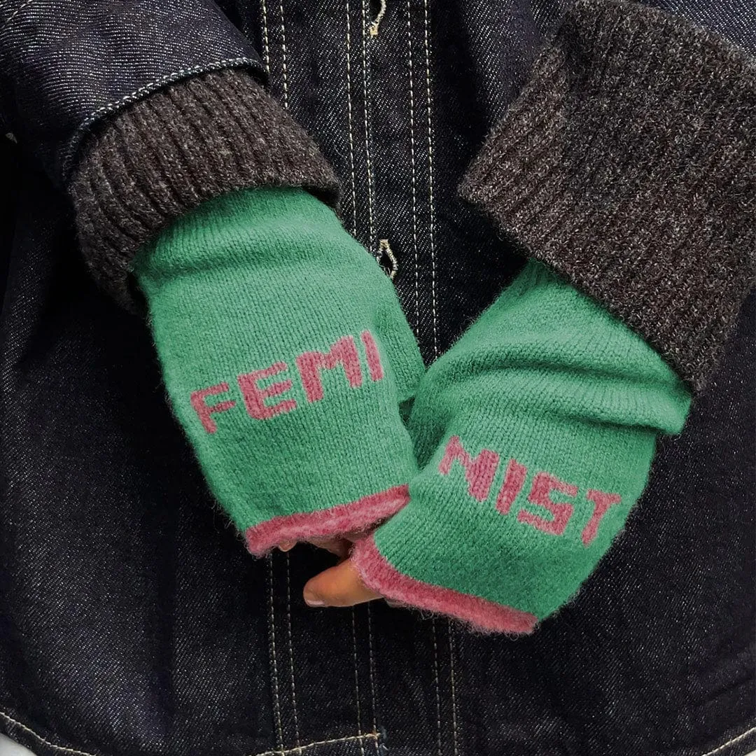 Feminist Fingerless Mittens in Peppermint & French Rose