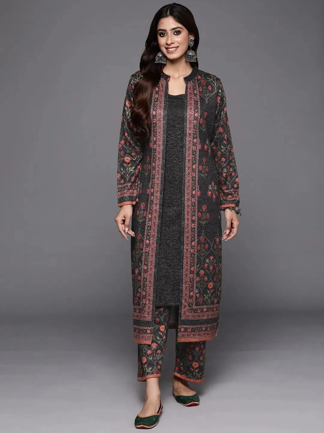 Grey Printed Wool Blend Straight Kurta Set