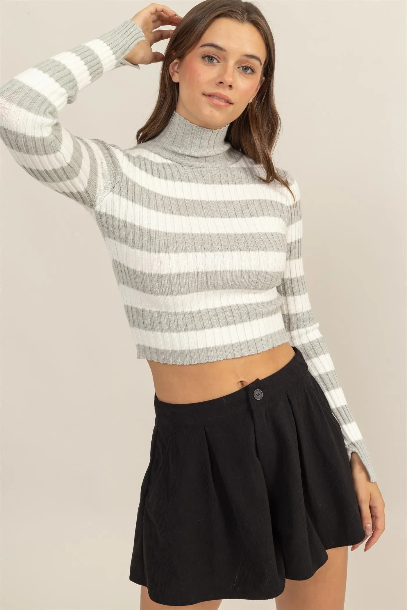 HF24F817-Striped Knit Turtleneck Crop Top