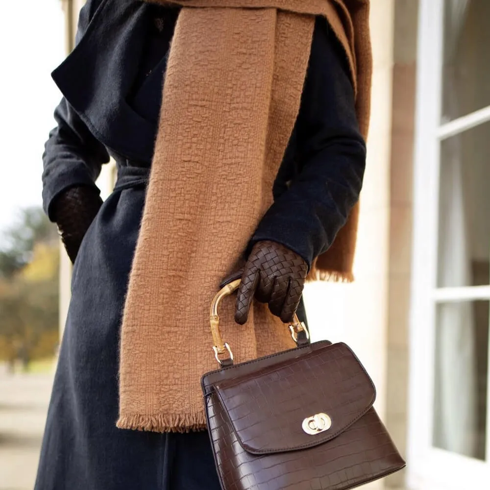 Honey Brown Cashmere Shawl and Woven Leather Gloves Set