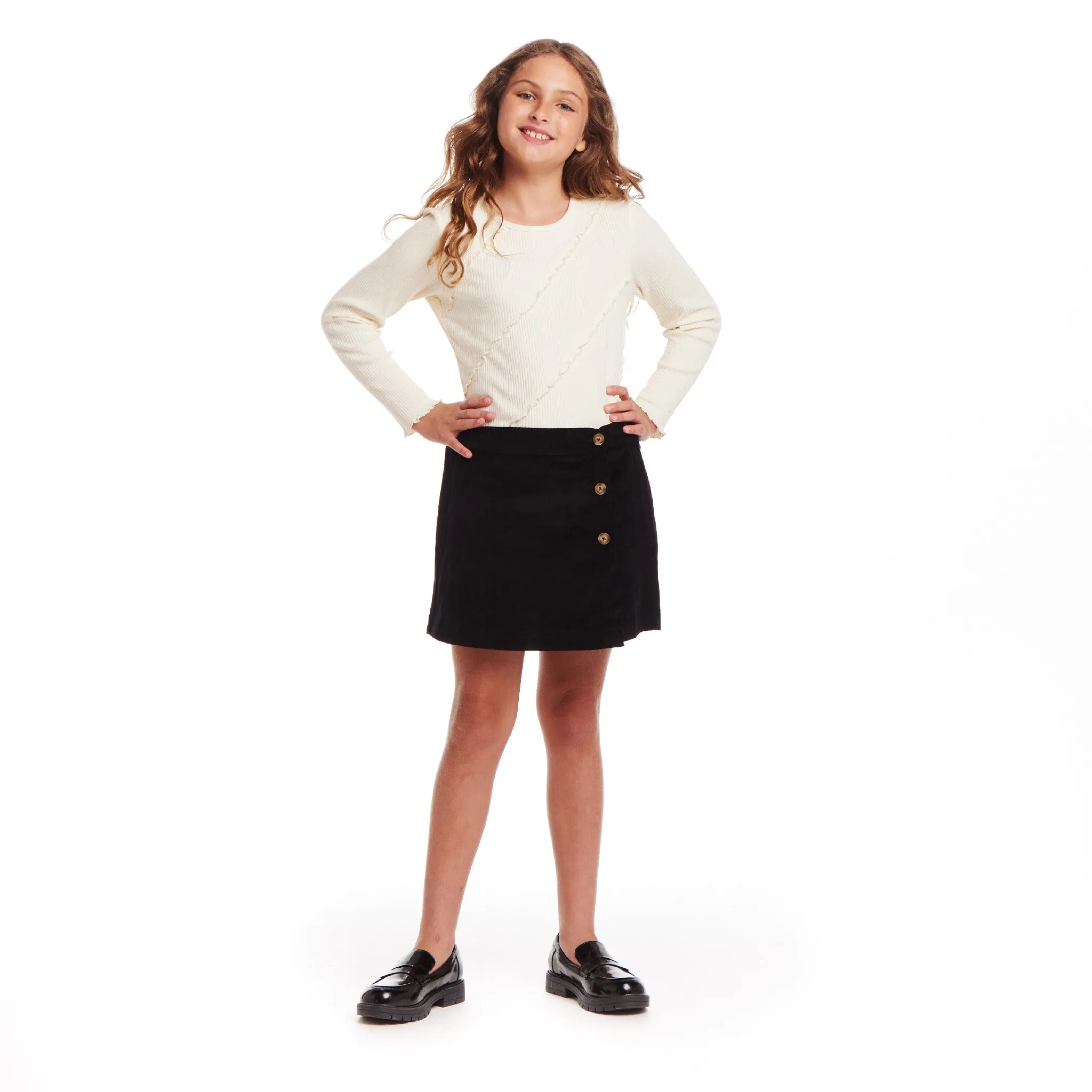 Kids (7-16) Rib Knit Long Sleeve Top & Corduroy Skirt Set | Cream & Sleek Black