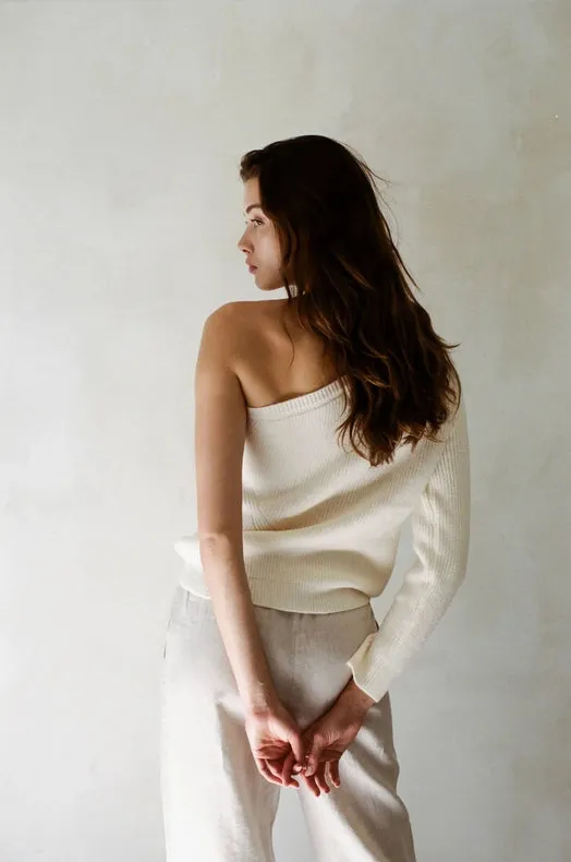 Knit Sweater One Shoulder Long Sleeve Pullover Cream