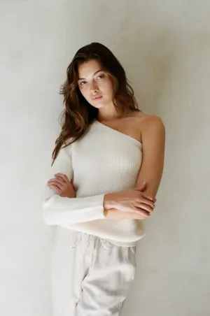 Knit Sweater One Shoulder Long Sleeve Pullover Cream