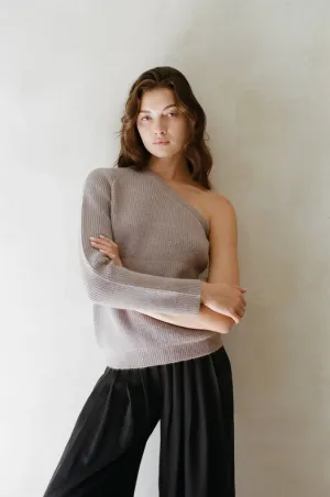 Knit Sweater One Shoulder Long Sleeve Pullover Mocha