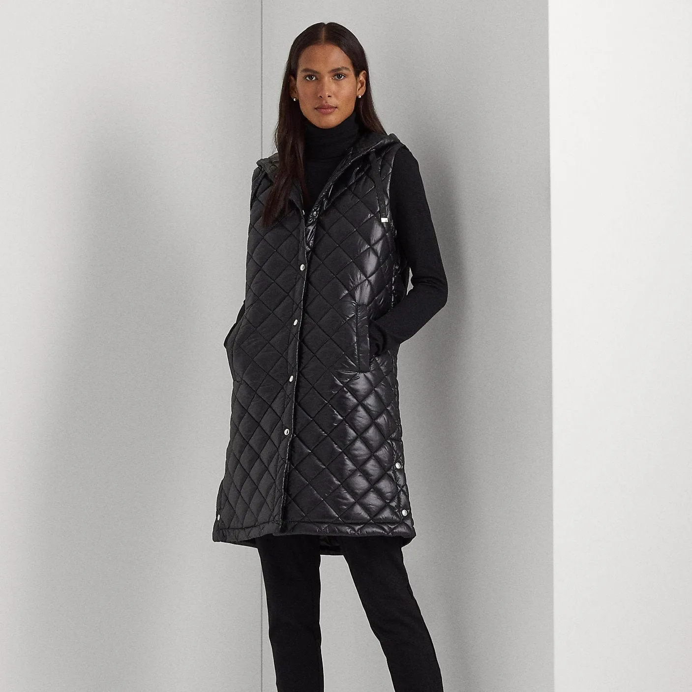 Lauren Ralph Lauren Metallic Quilted Long Gilet Black