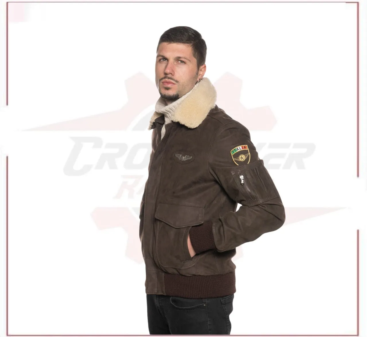 Men's Bomber Jacket in Genuine Dark Brown Nabuk Leather with Shearling Collar