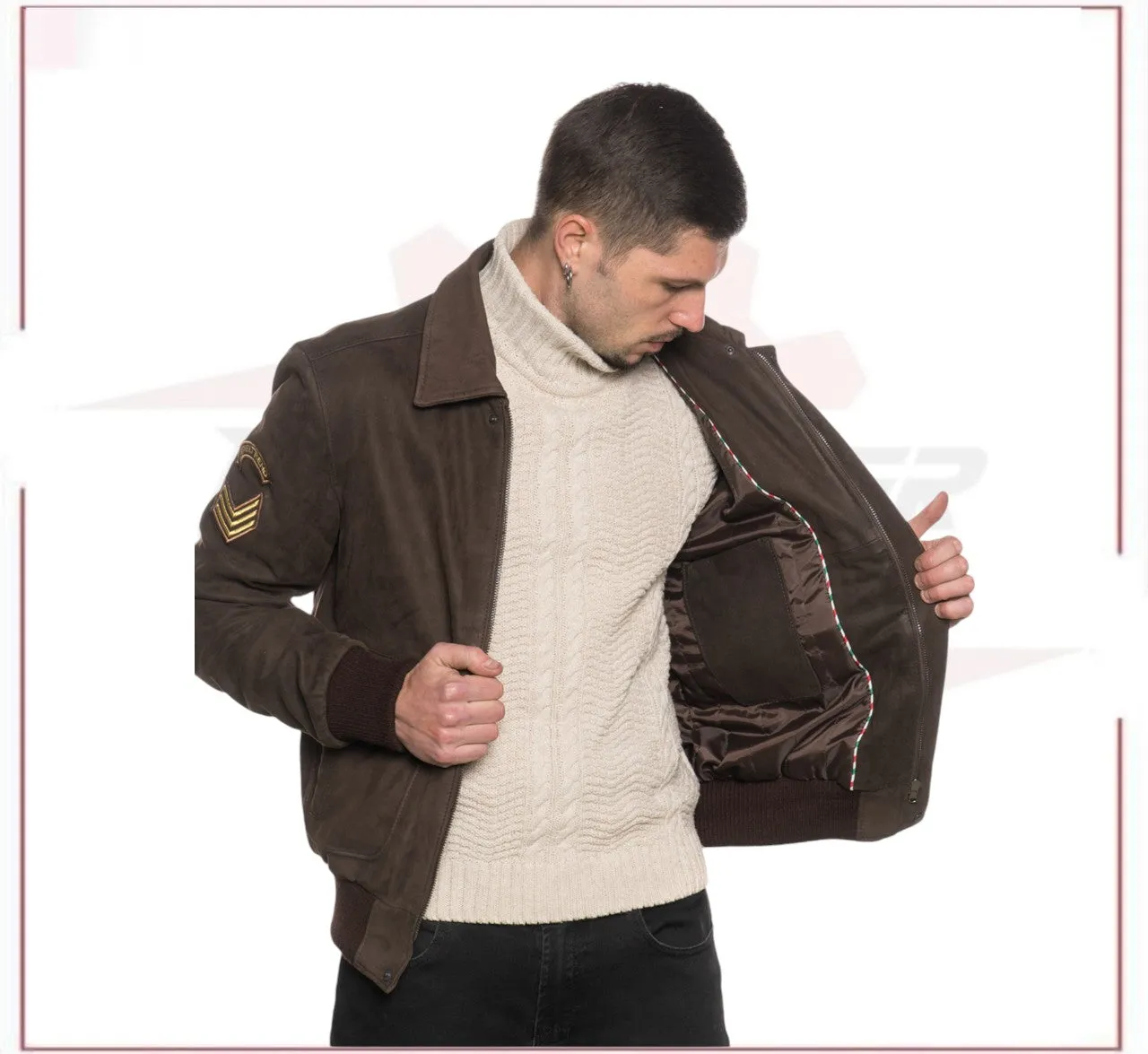 Men's Bomber Jacket in Genuine Dark Brown Nabuk Leather with Shearling Collar