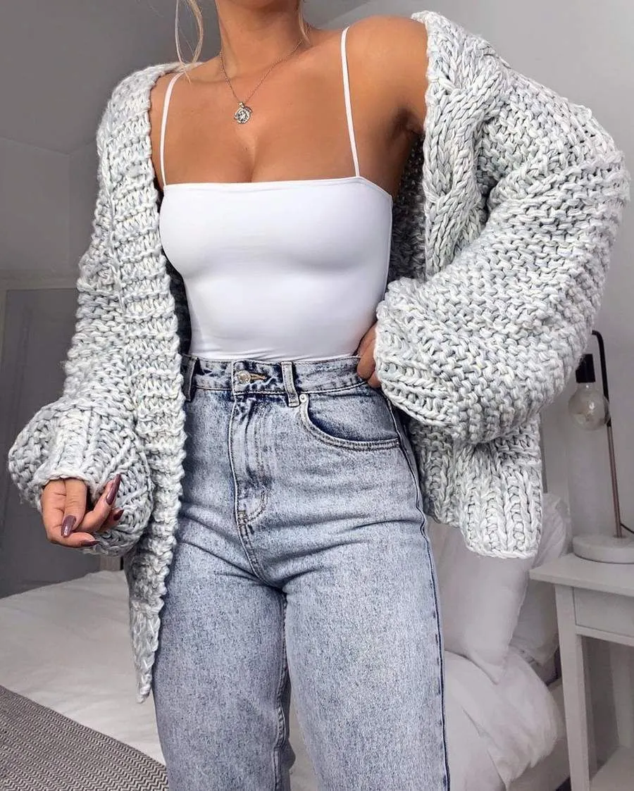 Mohair Chunky Oversized Cable Knit Baggy Sleeve Cardigan Sweater