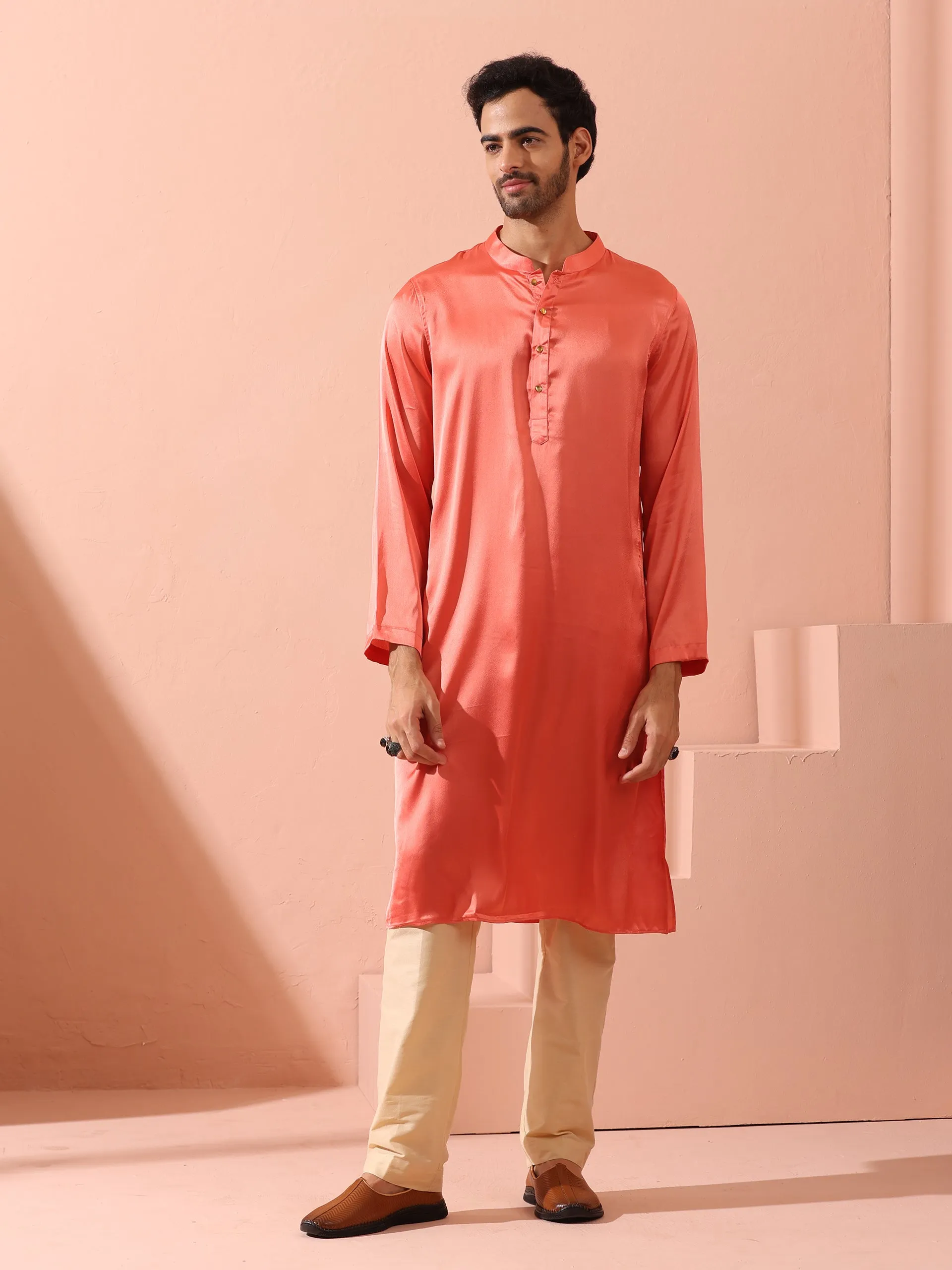 Rose Orange Satin Kurta with Gold Buttons