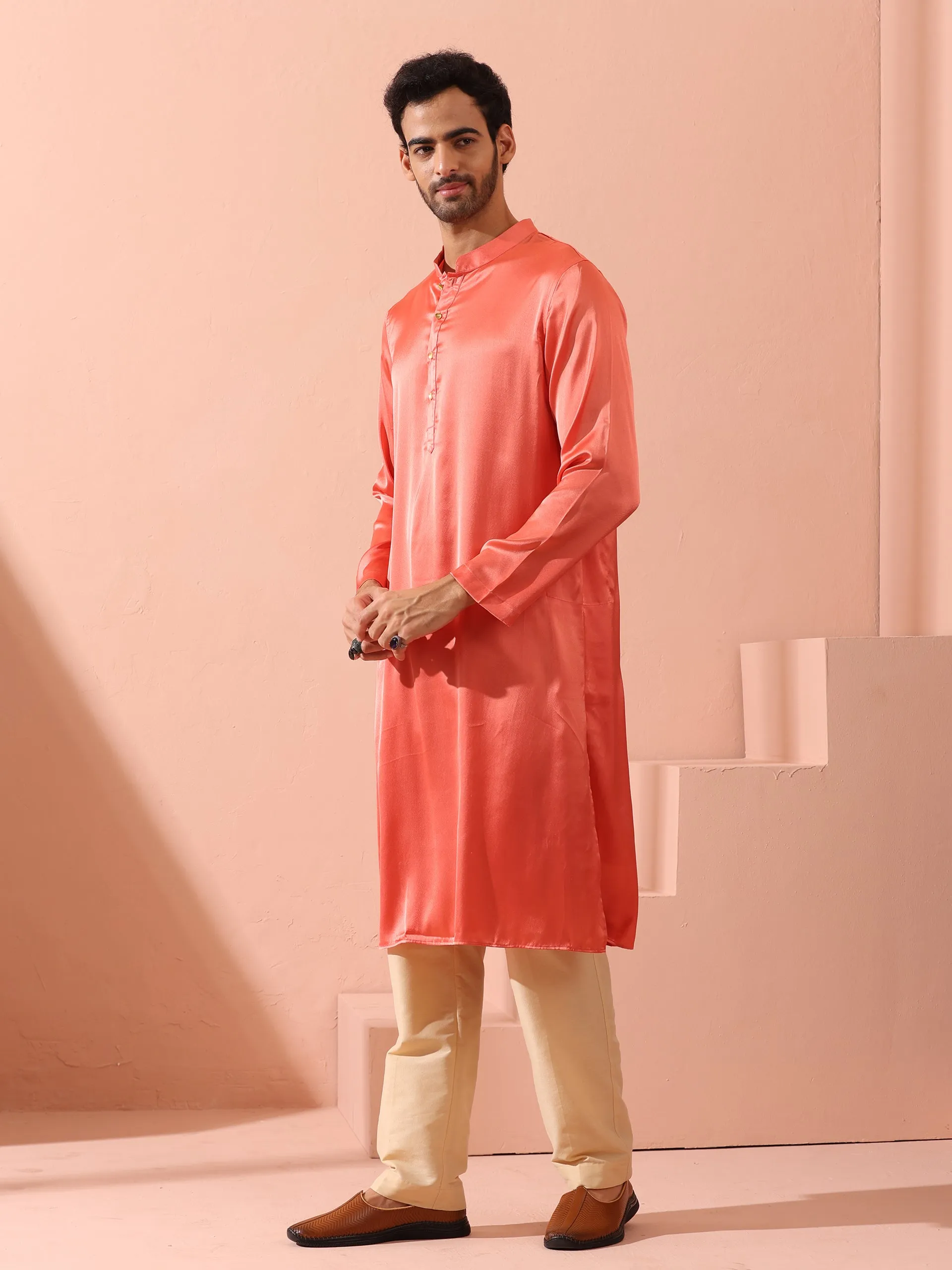 Rose Orange Satin Kurta with Gold Buttons