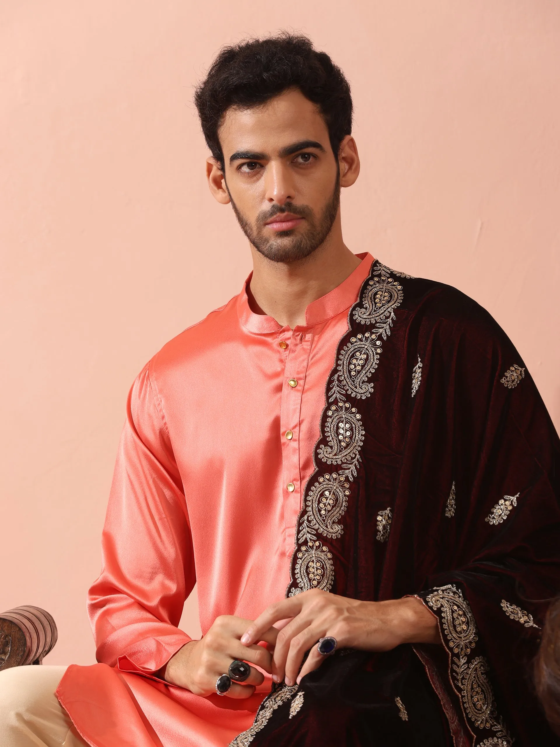 Rose Orange Satin Kurta with Gold Buttons