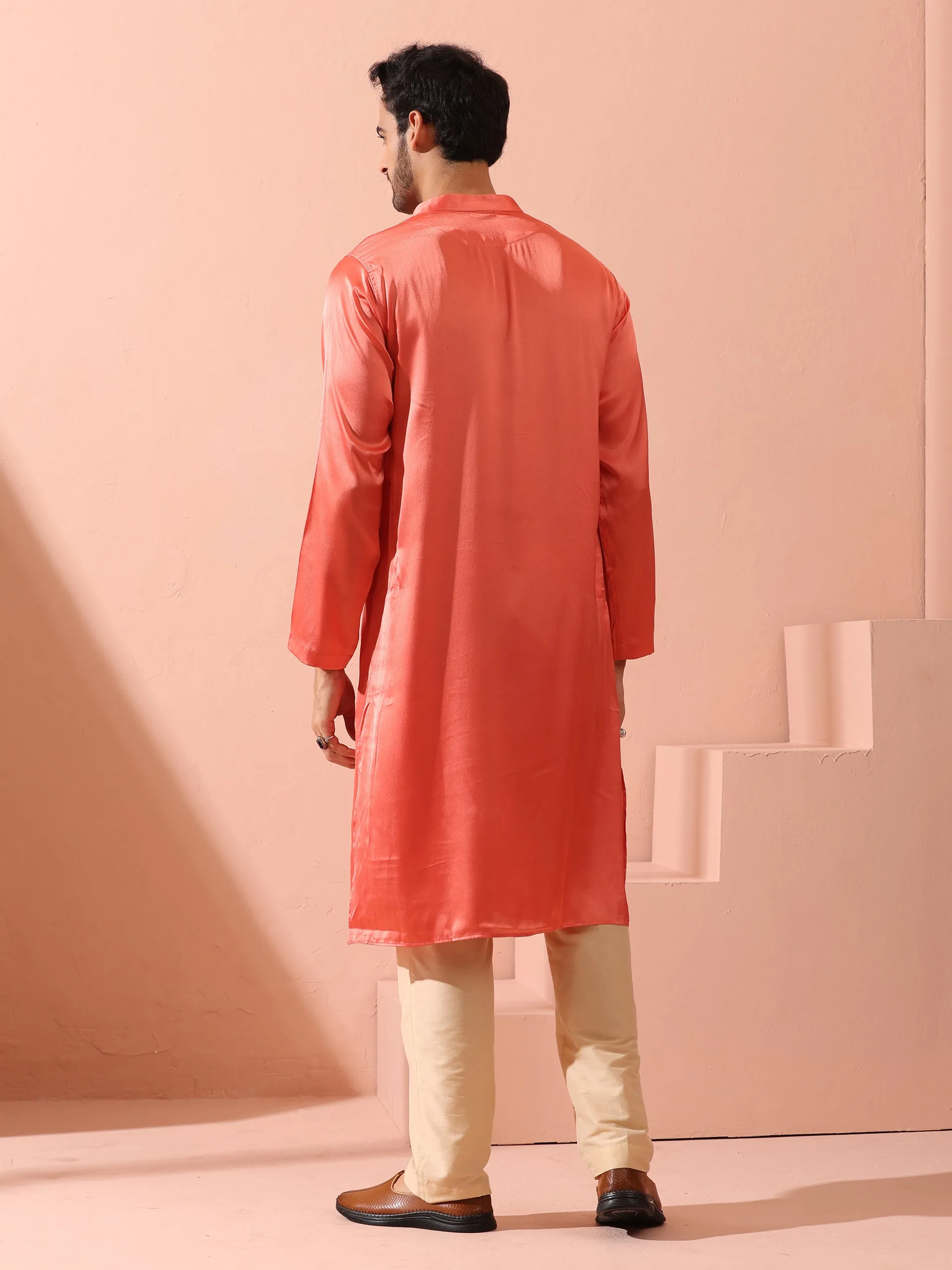 Rose Orange Satin Kurta with Gold Buttons