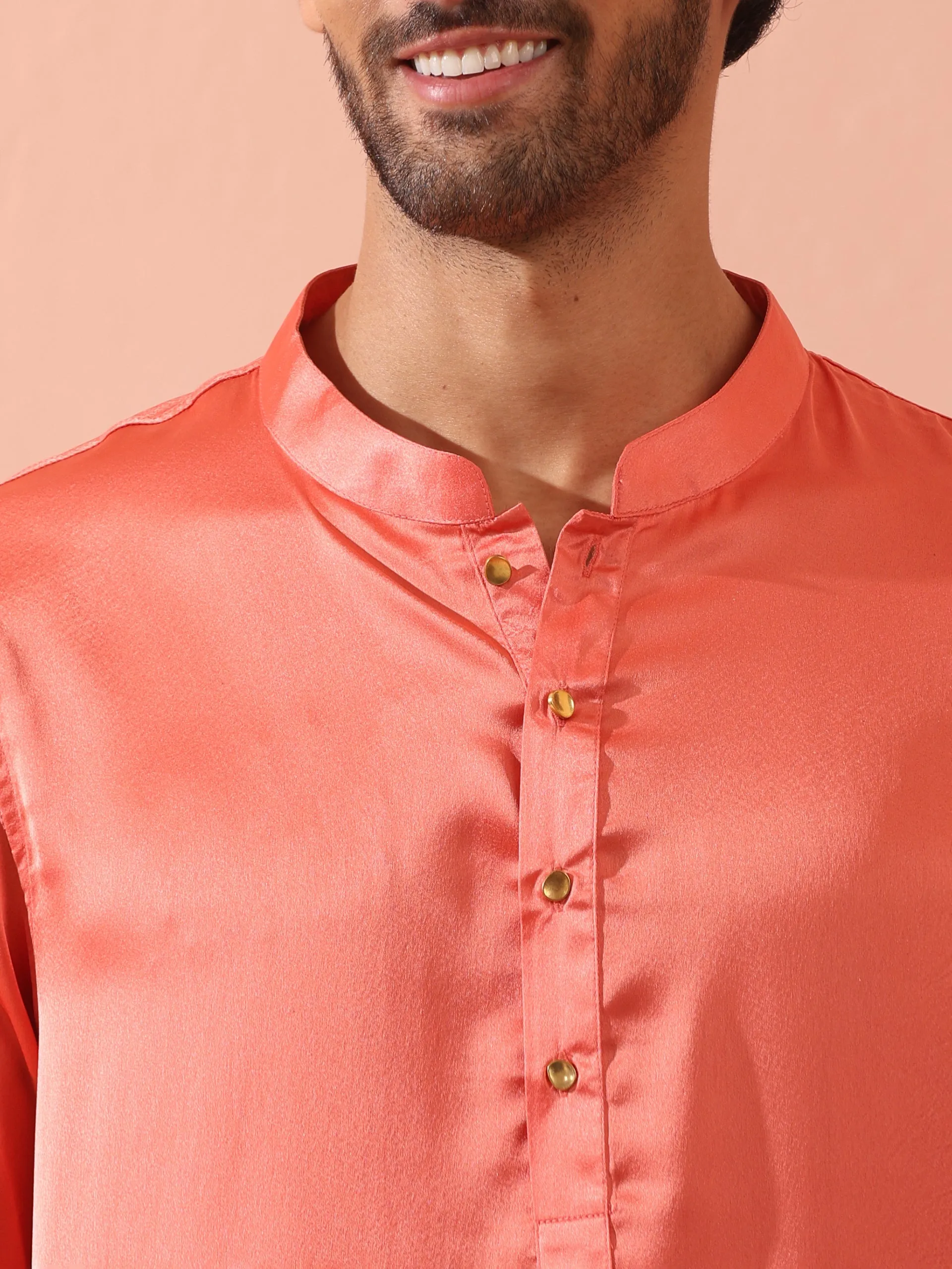 Rose Orange Satin Kurta with Gold Buttons