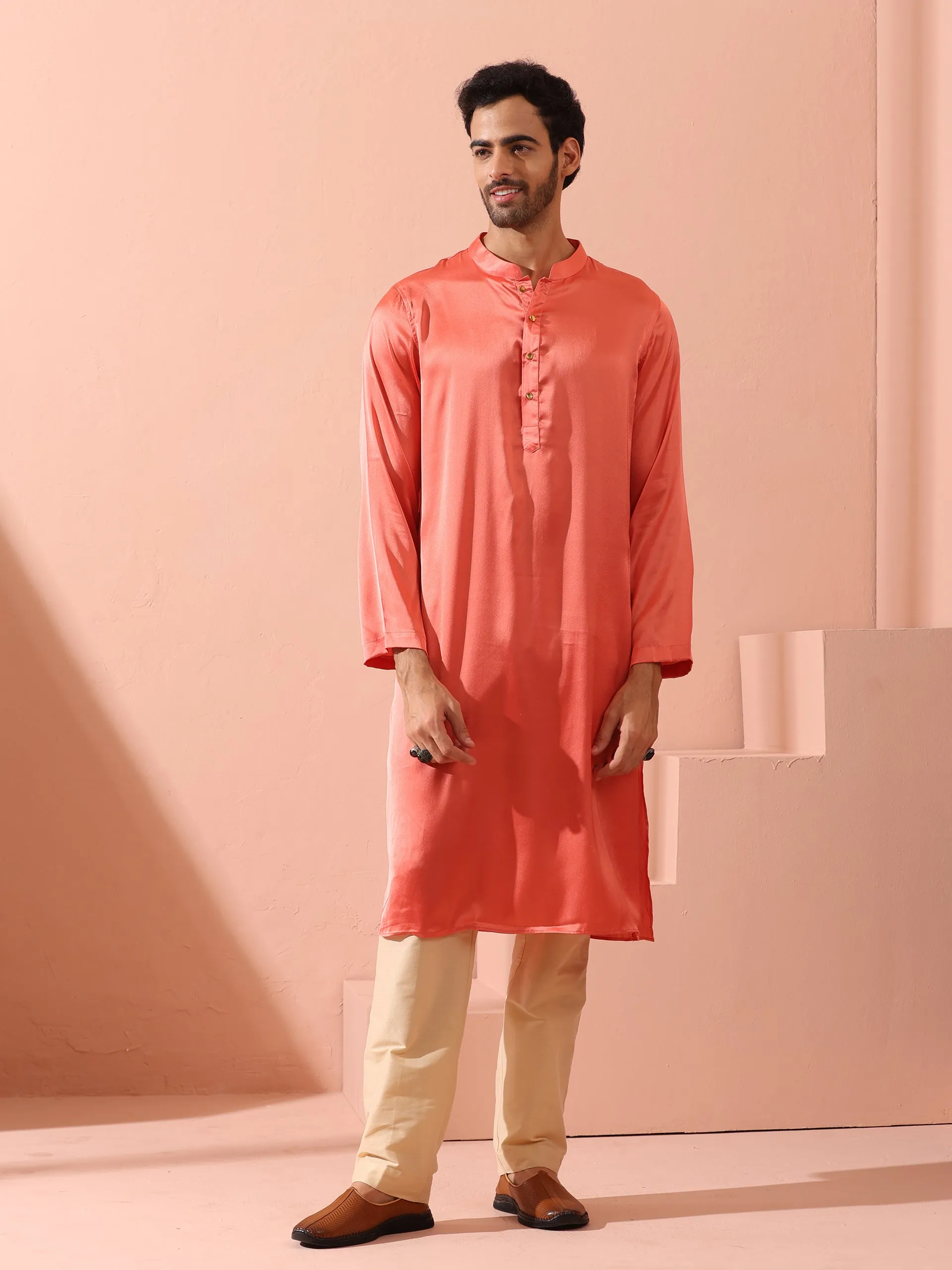 Rose Orange Satin Kurta with Gold Buttons