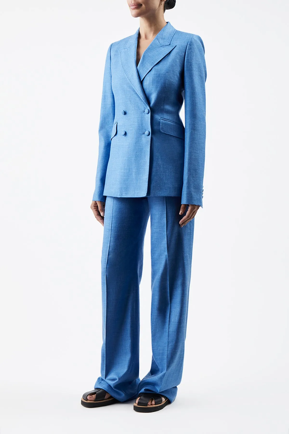 Stephanie Blazer in Aventurine Blue Virgin Wool and Silk Linen Twill