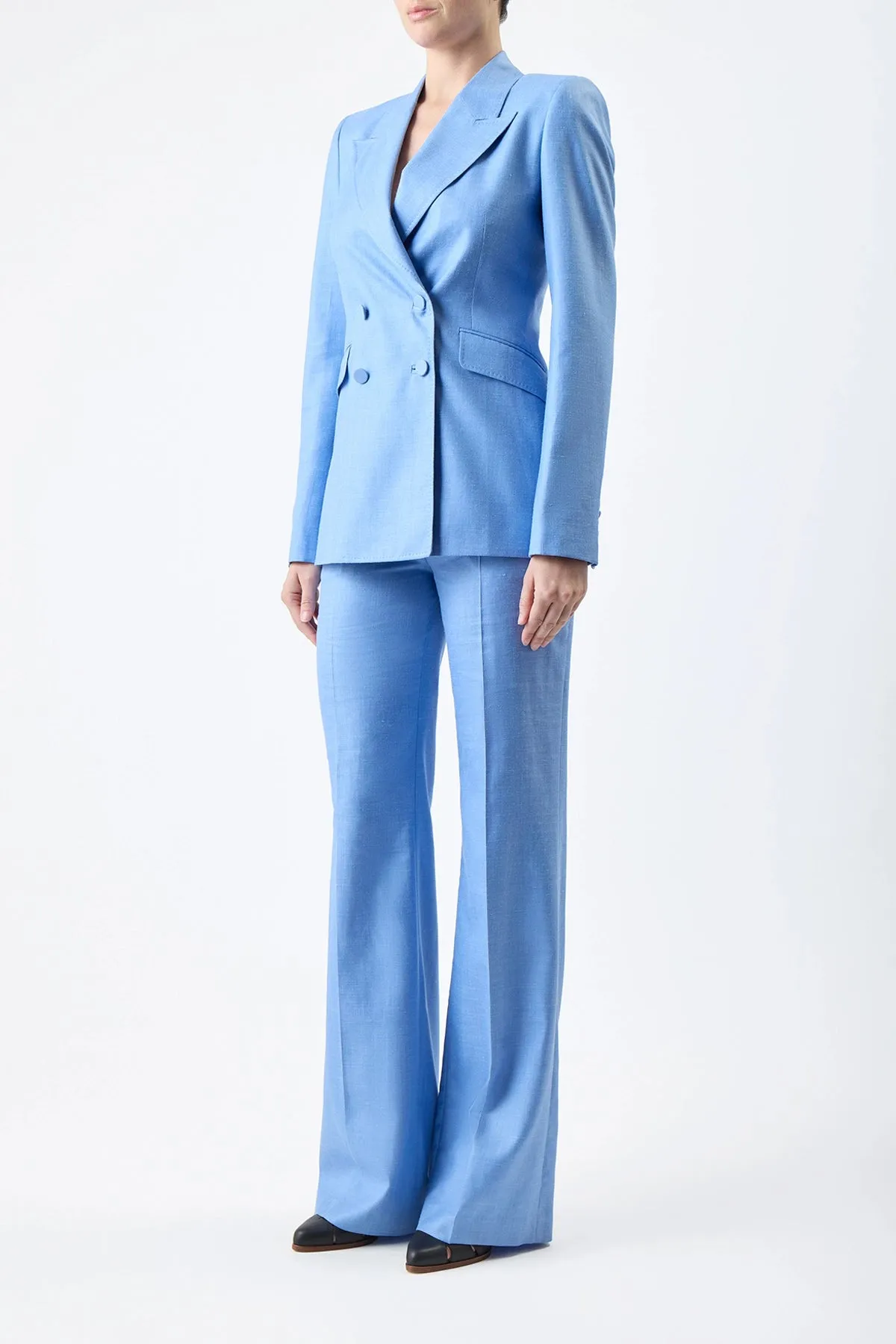 Stephanie Blazer in Light Blue Virgin Wool and Silk Linen Twill