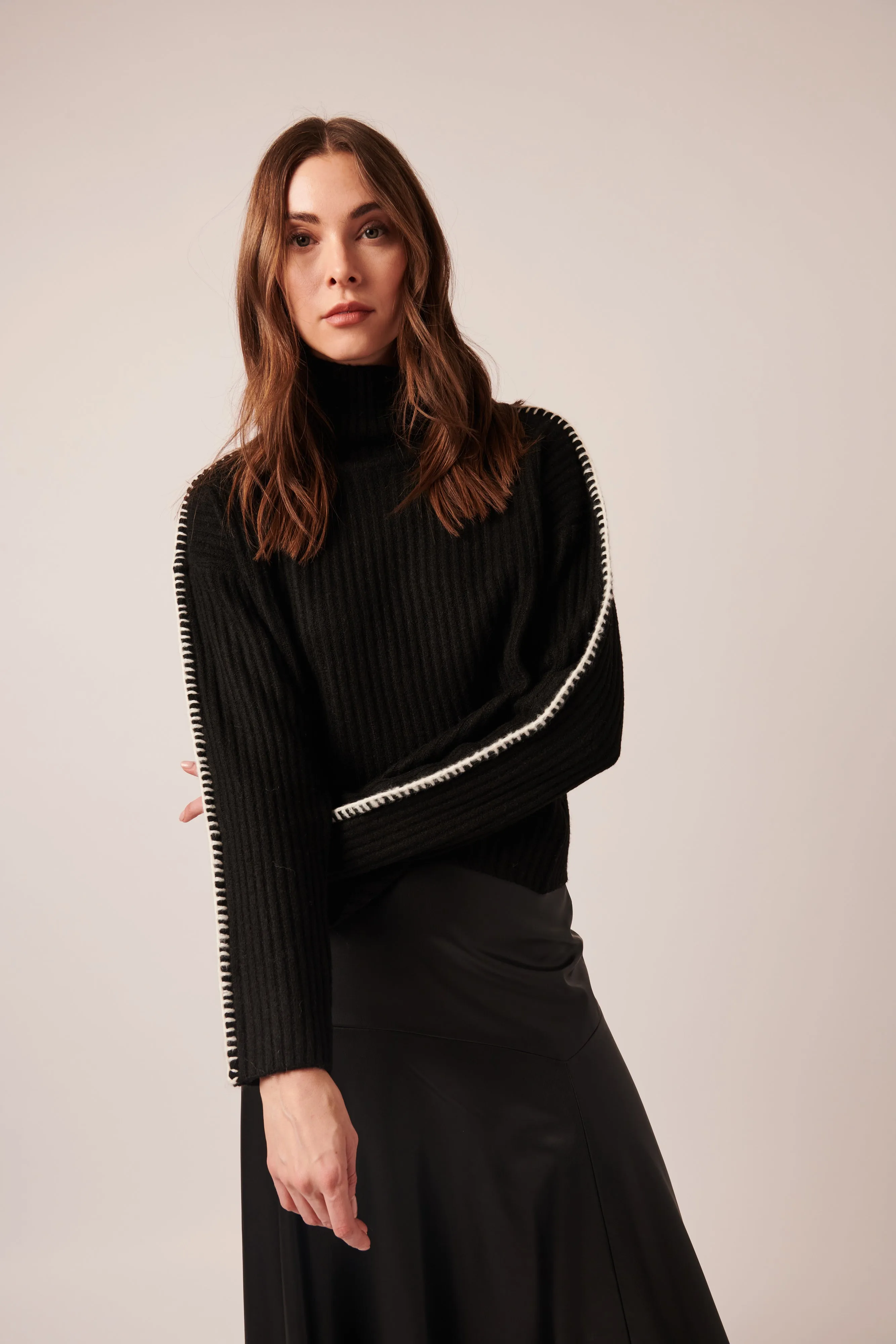 TRINITY BLANKET STITCH RIBBED TURTLENECK SWEATER