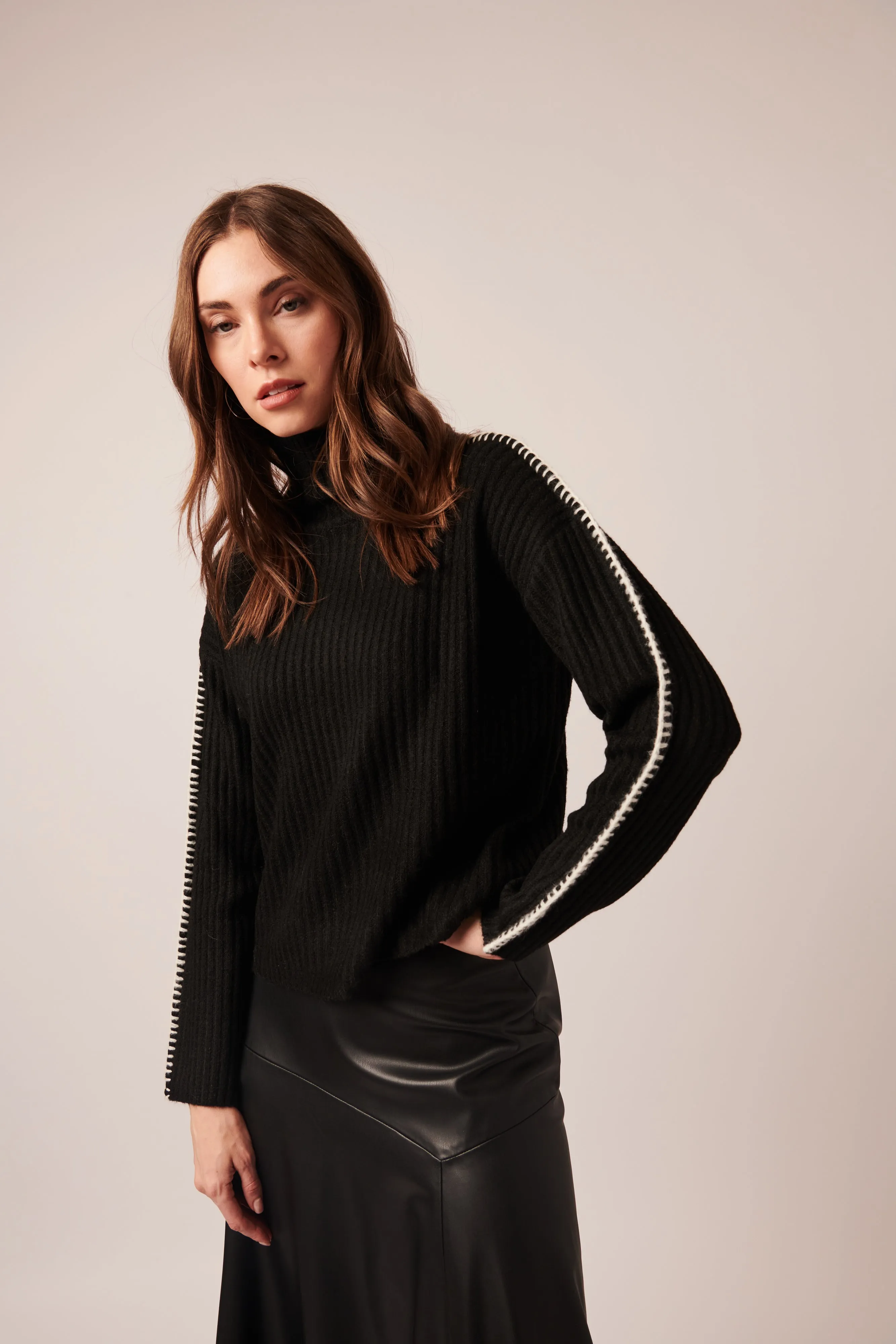 TRINITY BLANKET STITCH RIBBED TURTLENECK SWEATER