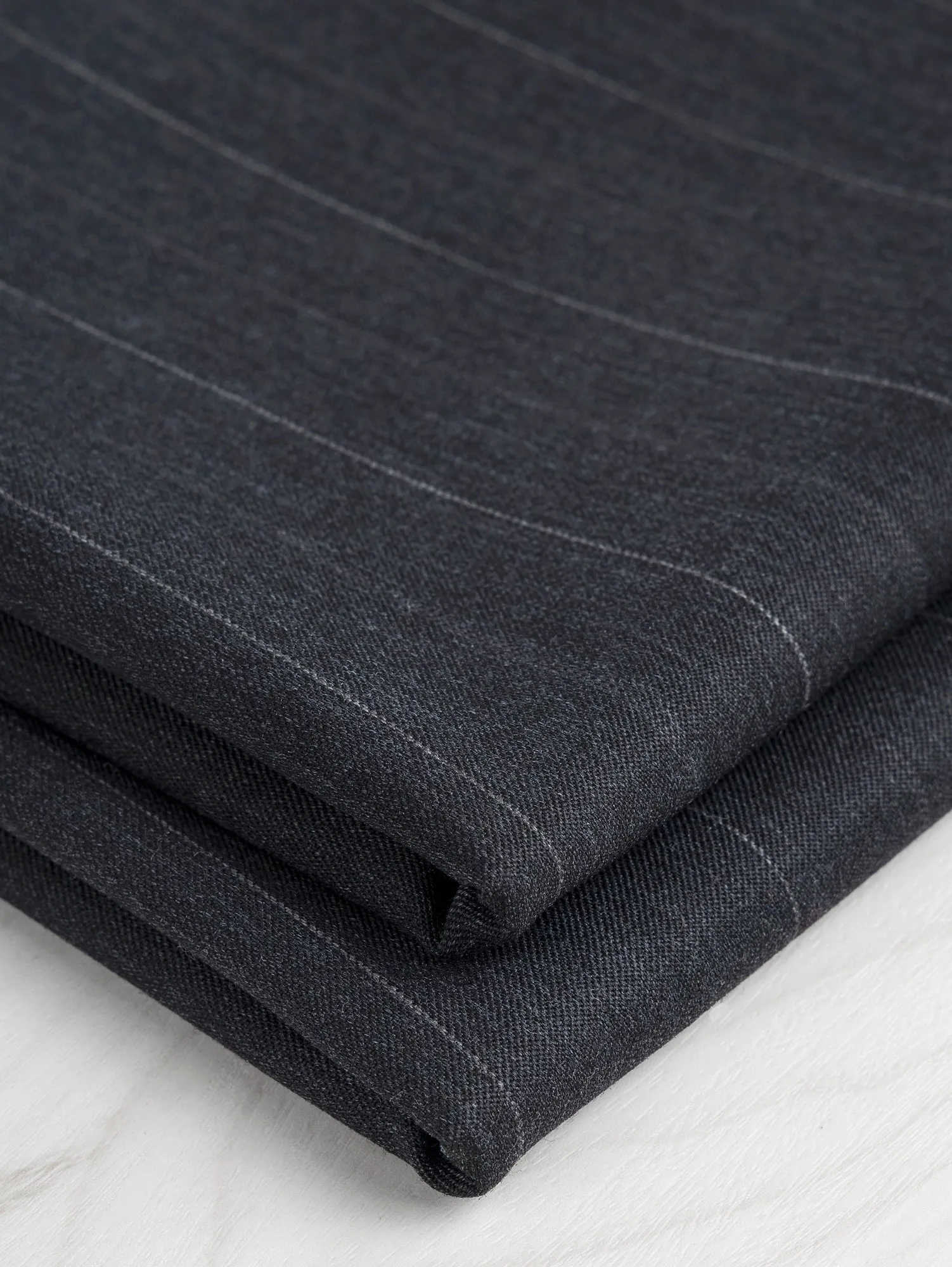 Wide Pinstripe Italian Wool Twill Suiting Deadstock - Charcoal - Swatch