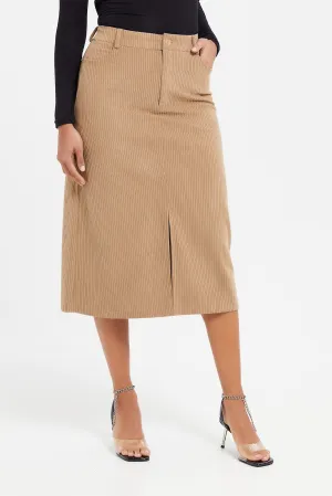 Women Beige  Front Slit Corduroy Skirt