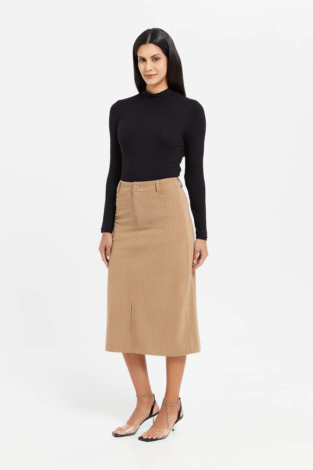 Women Beige  Front Slit Corduroy Skirt